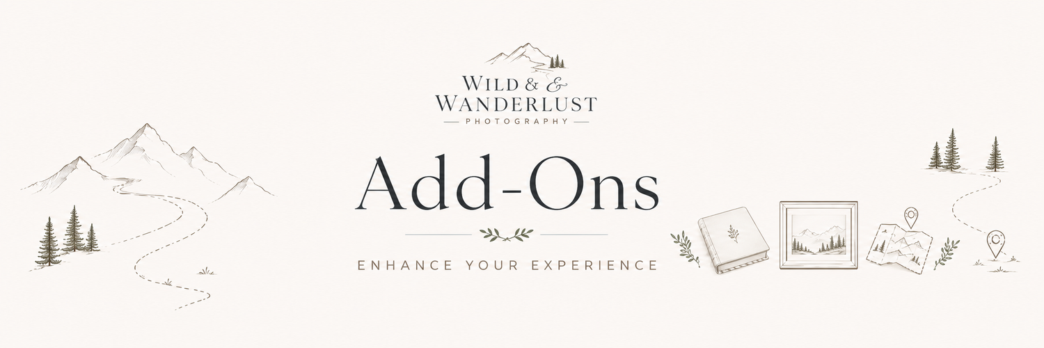 Wild & Wanderlust Photography add-ons featuring albums, extra session time, and additional locations.