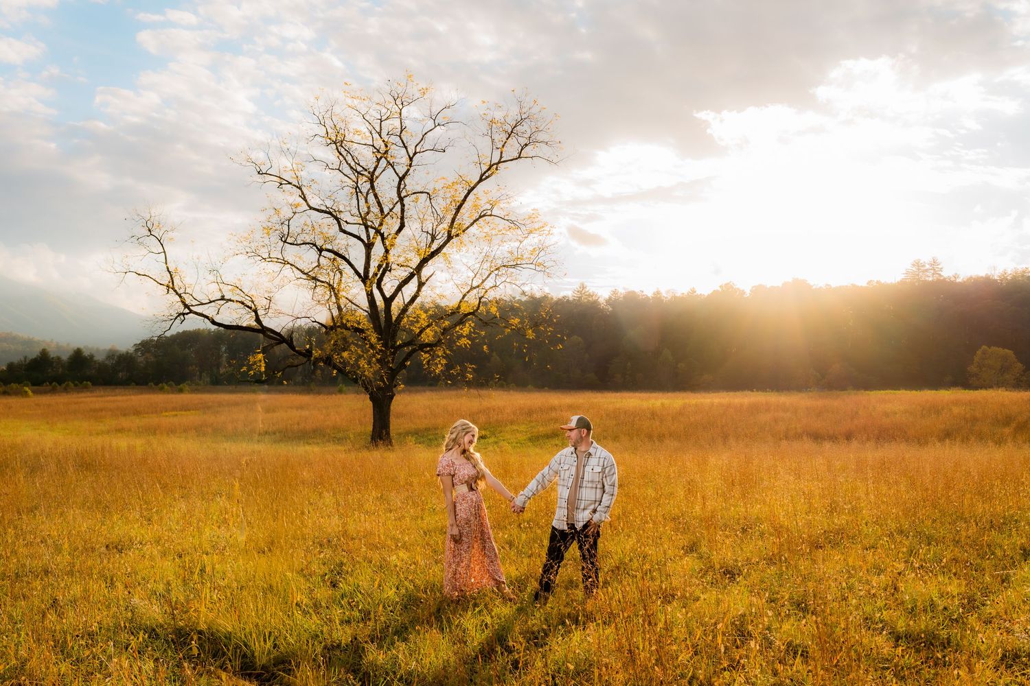 Engagement portraits in Cades Cove with scenic Smoky Mountain views.