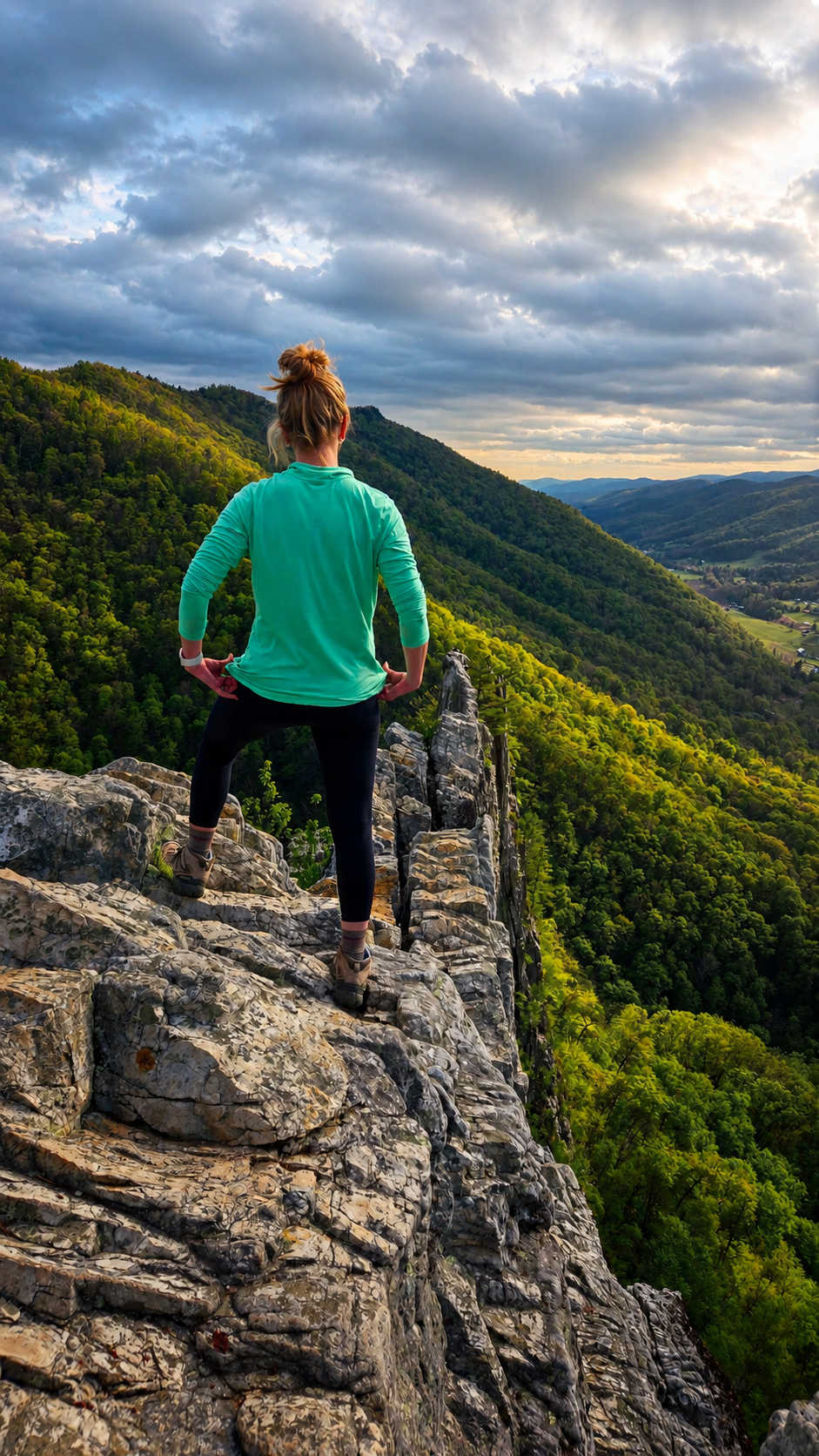 Adventure portrait atop Seneca Rocks at golden hour, surrounded by sweeping mountain views.