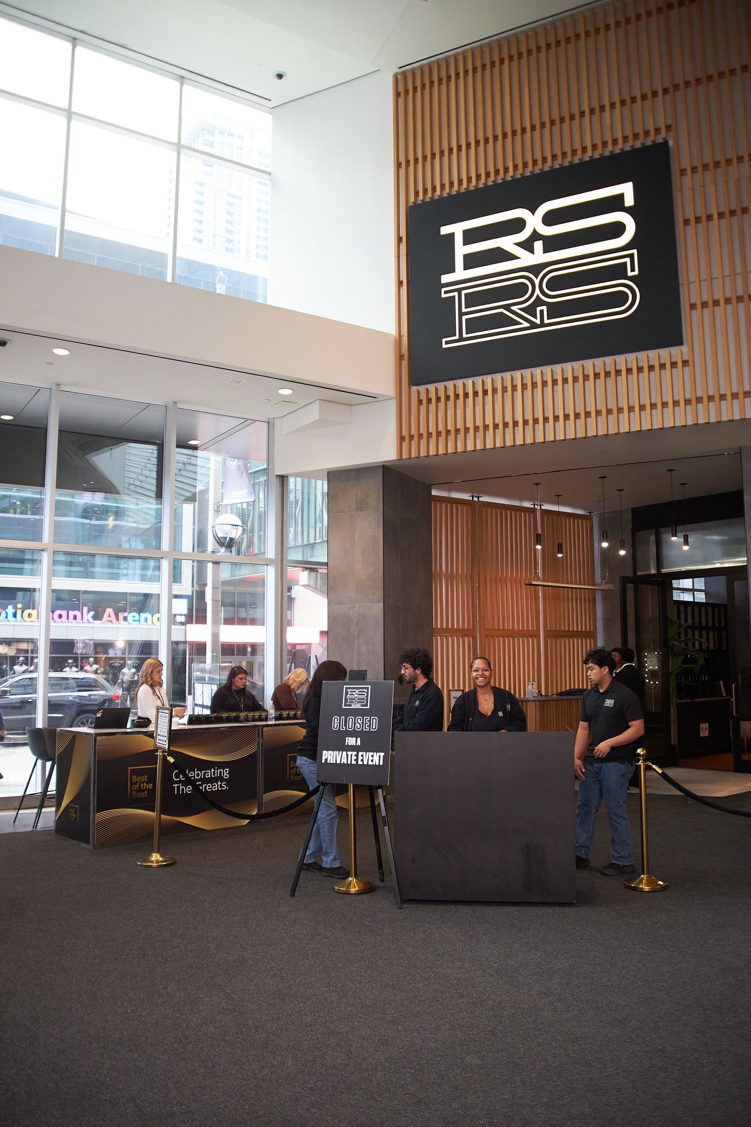 Brand logo displayed at a corporate event, captured in striking detail
