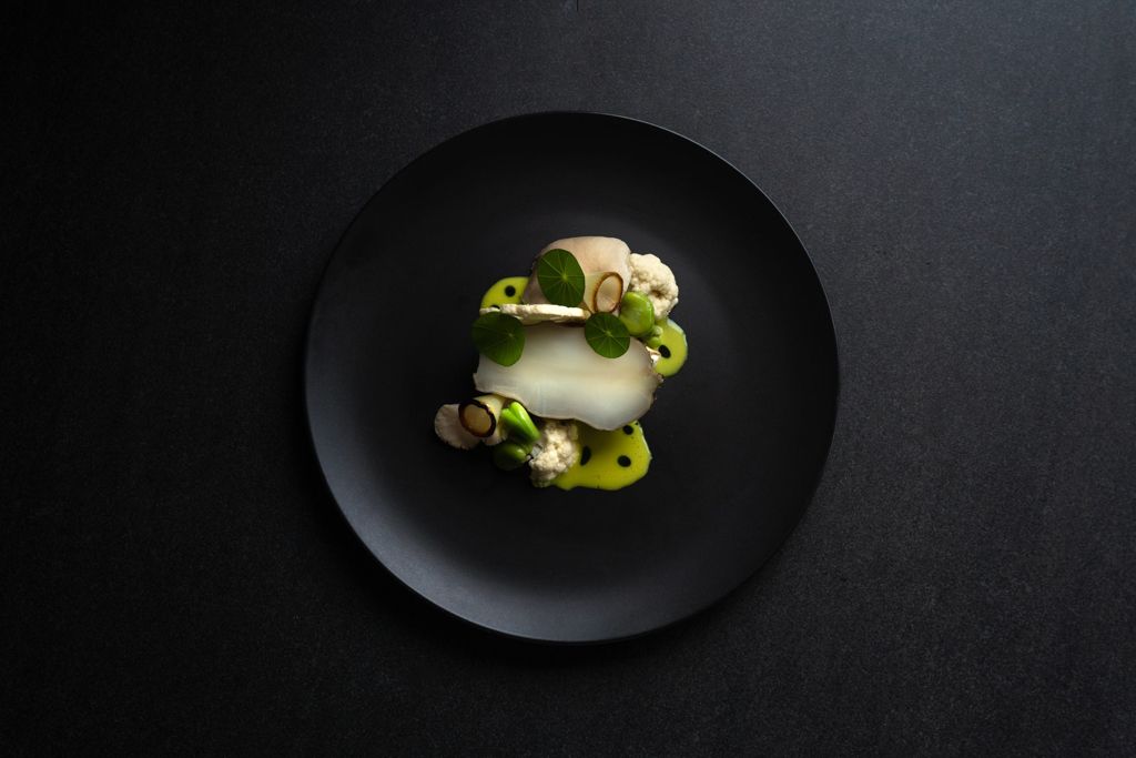 Elegant fine dining dish with white fish and green garnish artfully plated on black round plate.