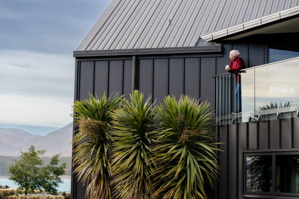 Person standing on dark modern building balcony overlooking native flax plants and distant lake mountains.