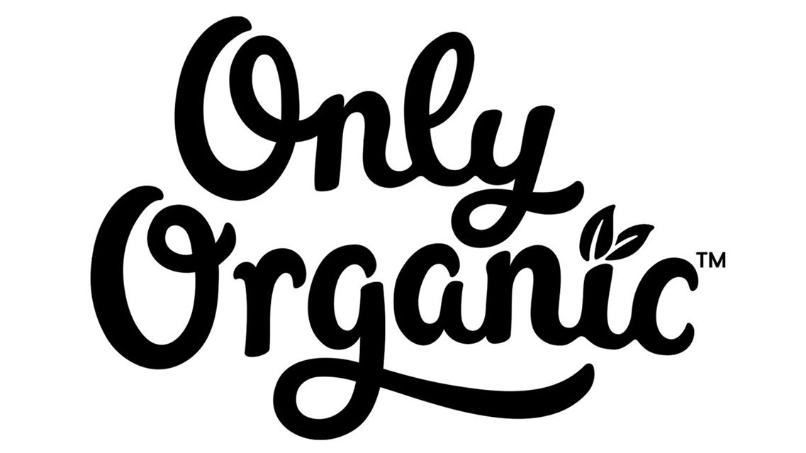 Only Organic brand logo in black cursive script with a small leaf accent on white background.