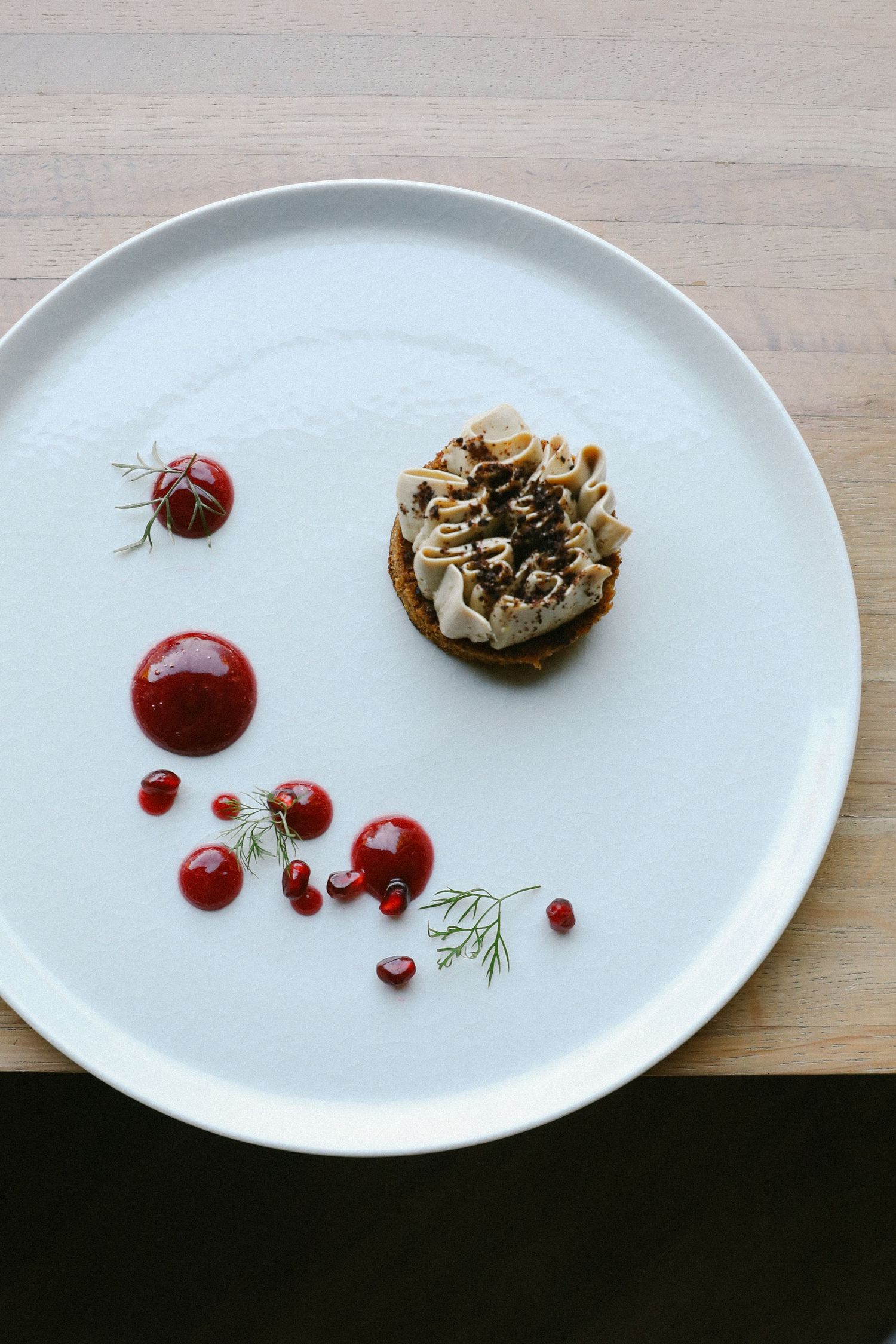 Artistic fine dining dessert with mushroom cream tart, red berry sauce dots, and dill on white plate.