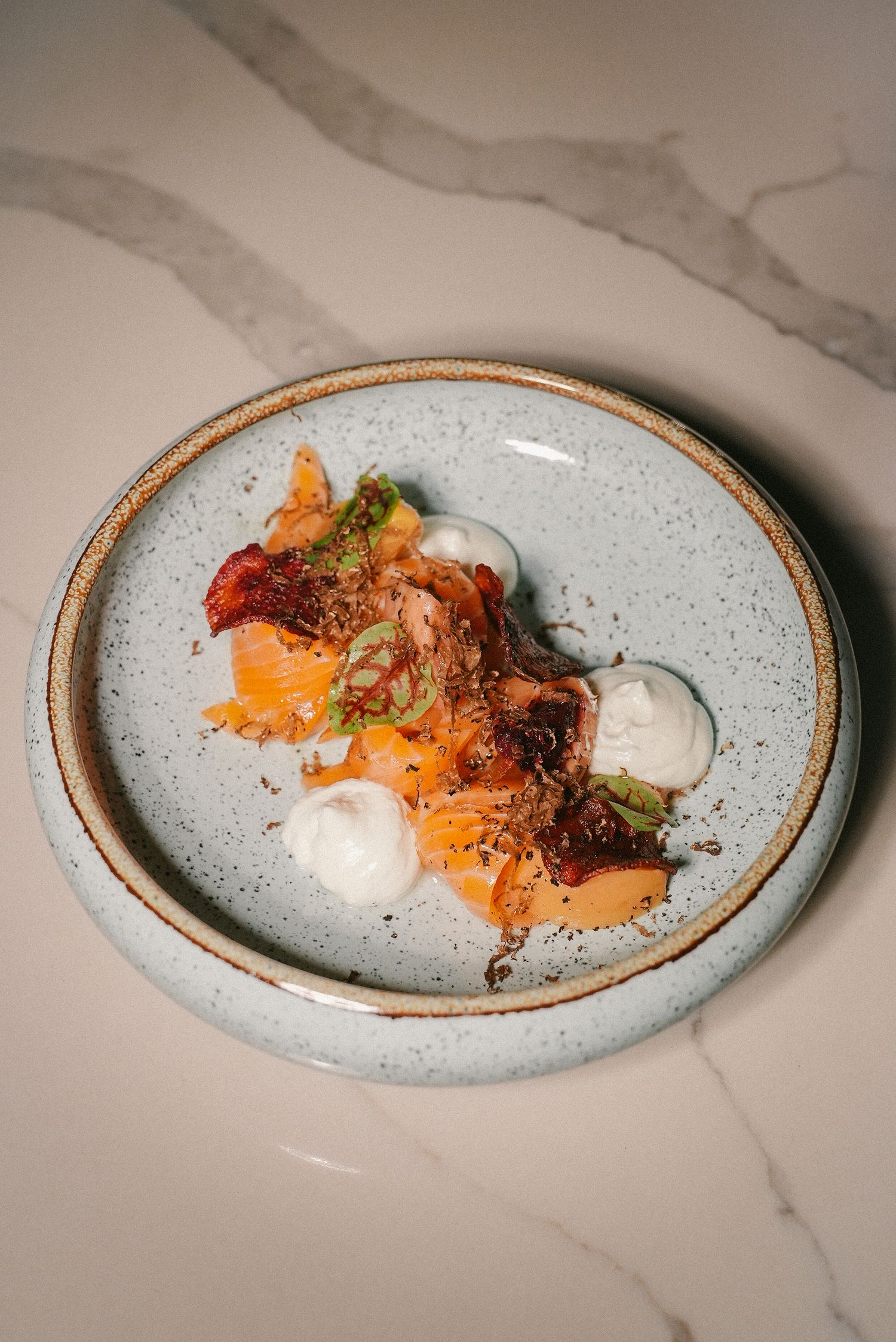 Fine dining salmon dish with asparagus, crispy skin, and cream on a speckled ceramic plate.