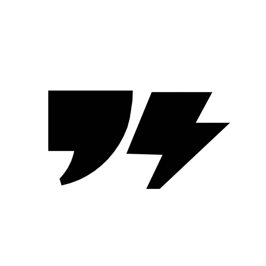 Black graphic logo featuring a quotation mark and a lightning bolt symbol on white background.