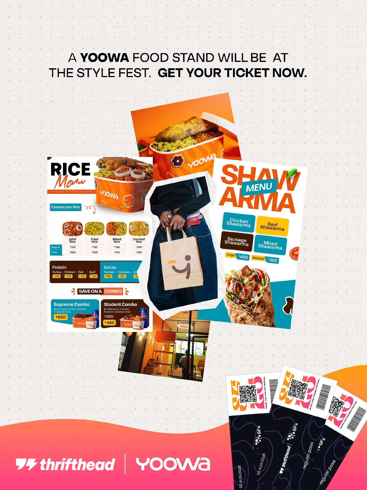 Yoowa food stand promotional flyer for Style Fest featuring rice and shawarma menus, event tickets, and Thrifthead branding.