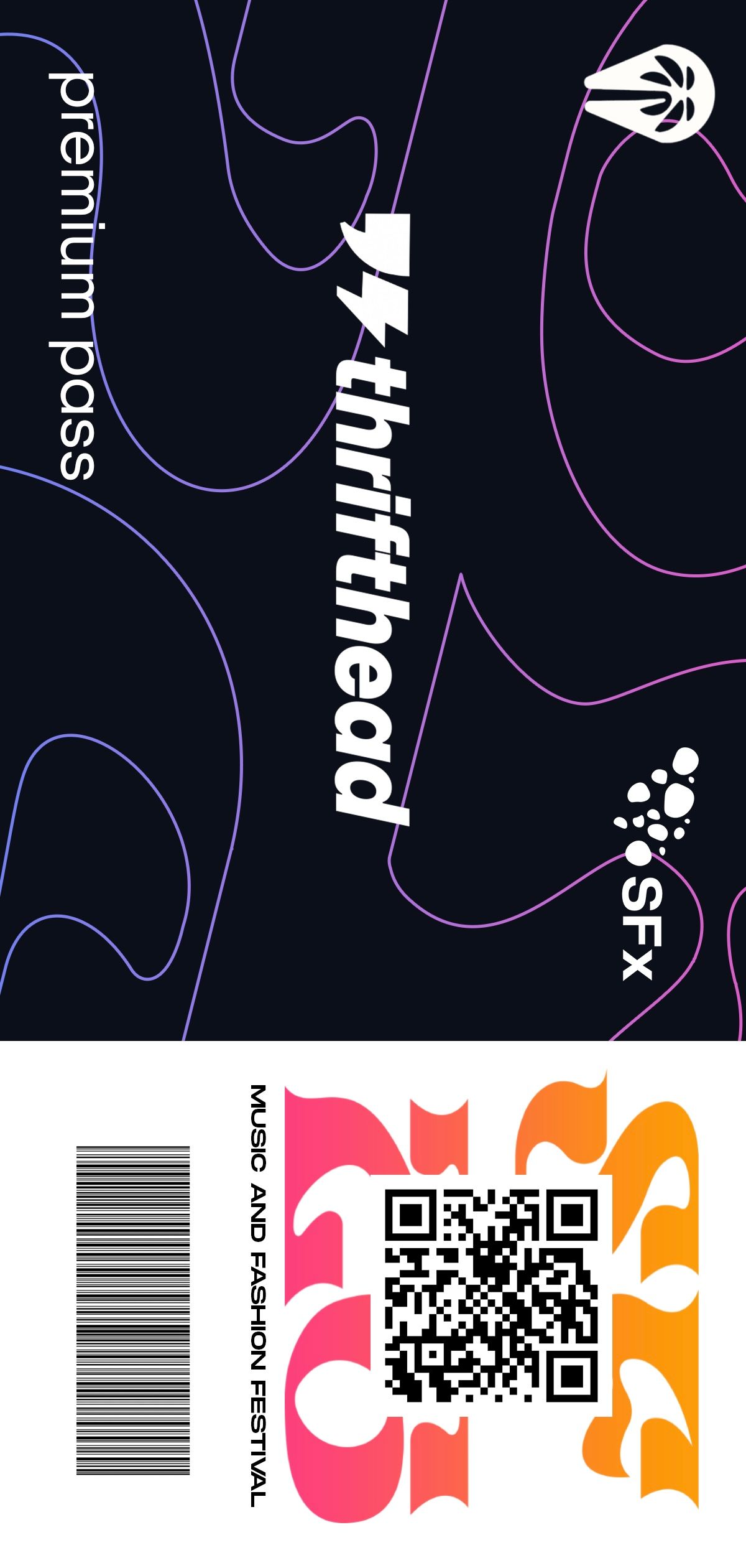 Thrifthead premium pass ticket for a music and fashion festival with QR code, barcode, and dark abstract design.