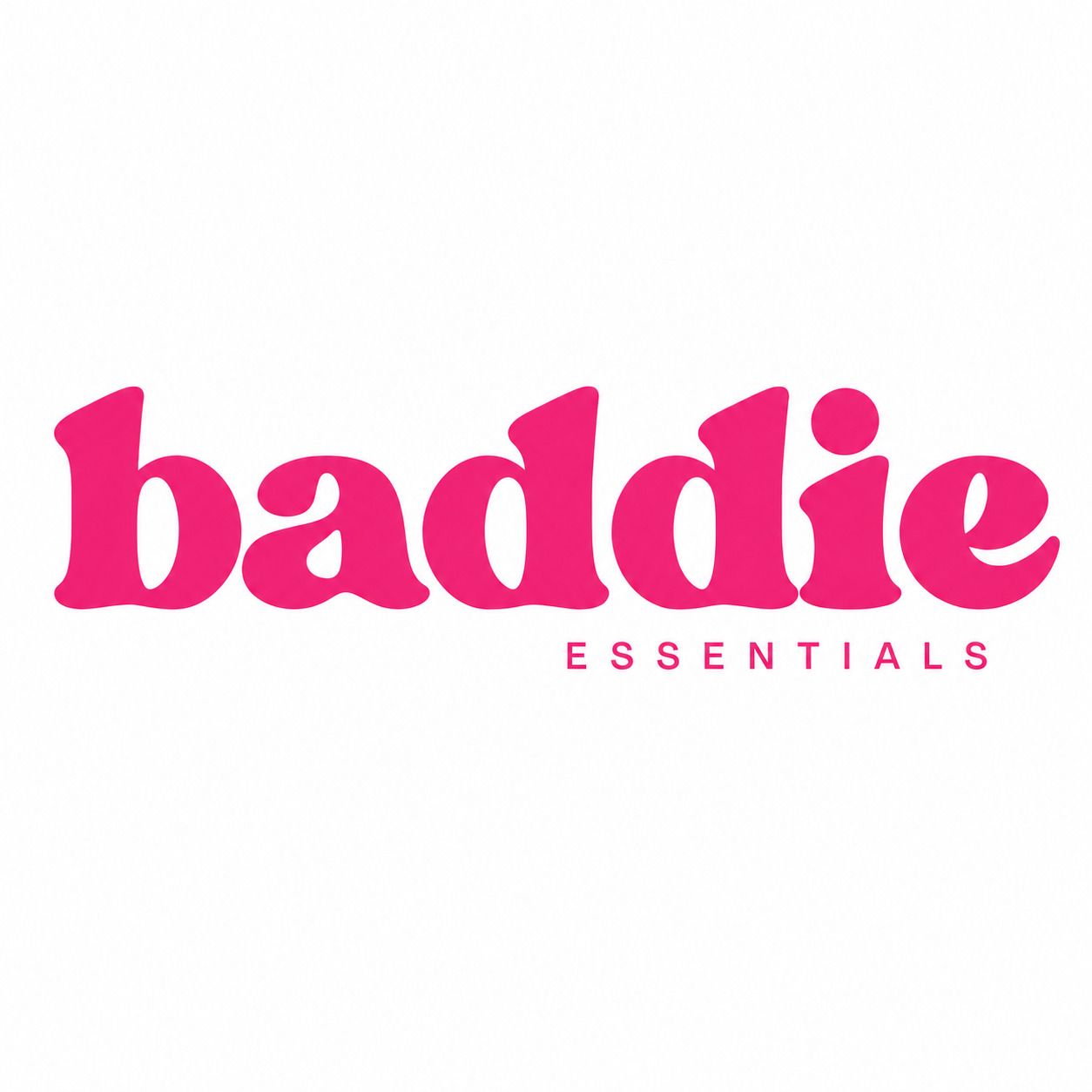 Pink bold retro logo for Baddie Essentials brand on white background.