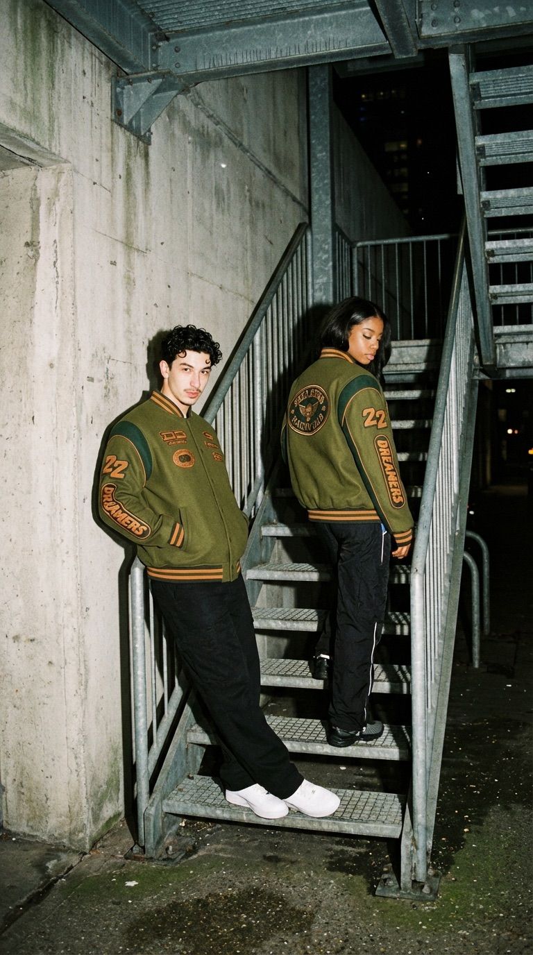 Two models wearing olive green varsity jackets with patches pose on metal stairs at night.