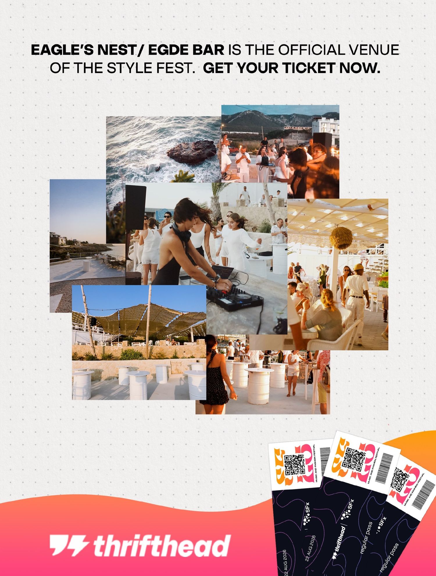Thrifthead Style Fest promotional collage at Eagle's Nest EGDE Bar venue with event tickets and QR codes.
