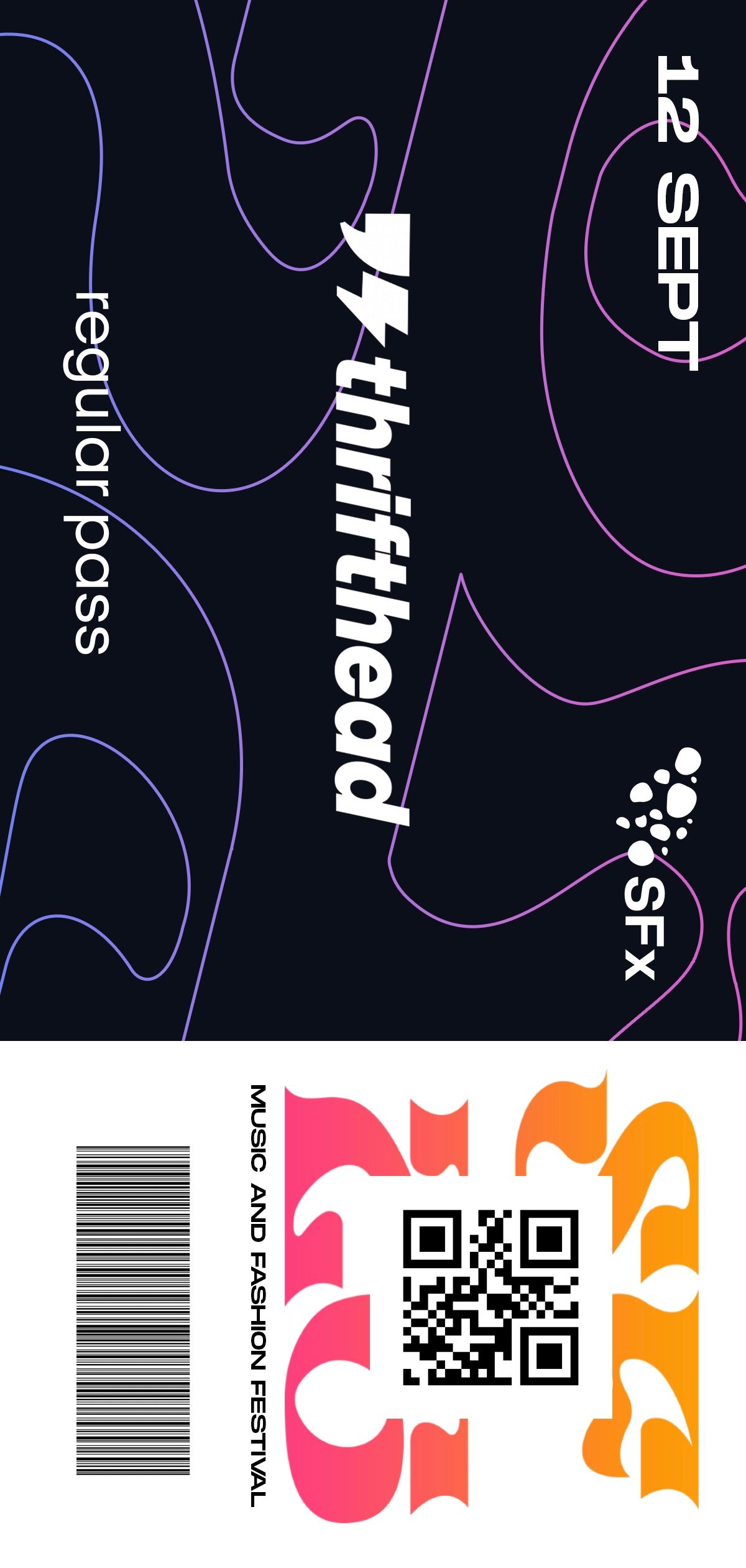 Thrifthead music and fashion festival ticket for September 12, featuring a regular pass with QR code and dark abstract design.