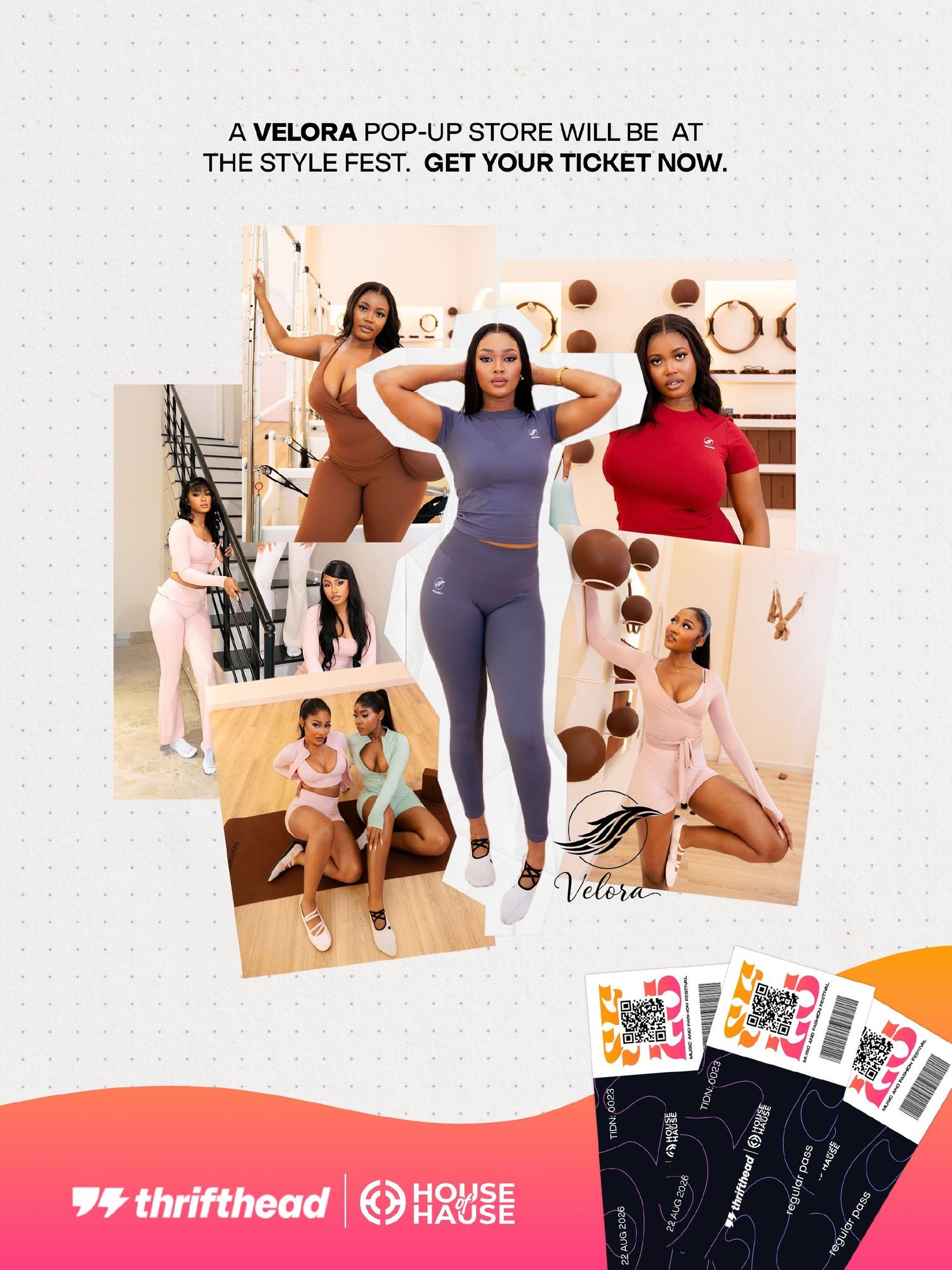 Velora pop-up store ad at Style Fest featuring women in activewear collage with event tickets and Thrifthead branding.