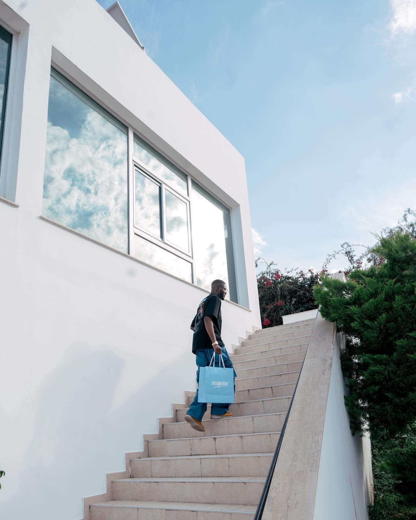 Person carrying a blue shopping bag walking up outdoor stairs next to a modern white building on a sunny day.