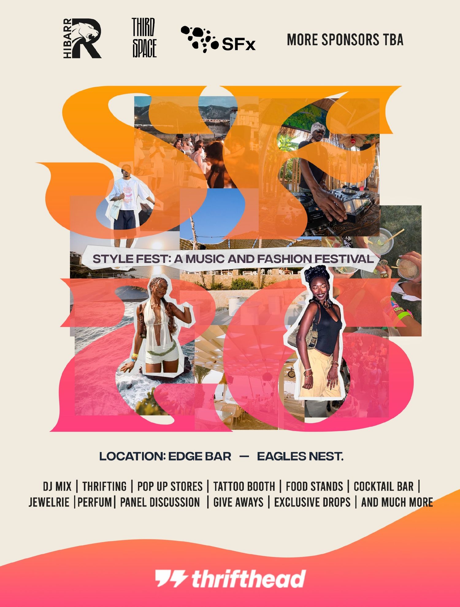 Style Fest music and fashion festival flyer featuring DJ mix, thrifting, pop-up stores, tattoo booth, and more at Edge Bar Eagles Nest.