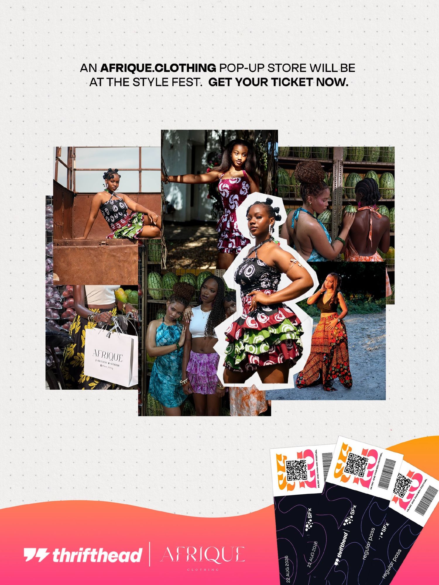 Afrique.Clothing pop-up store at Style Fest featuring vibrant African print fashion looks on models.
