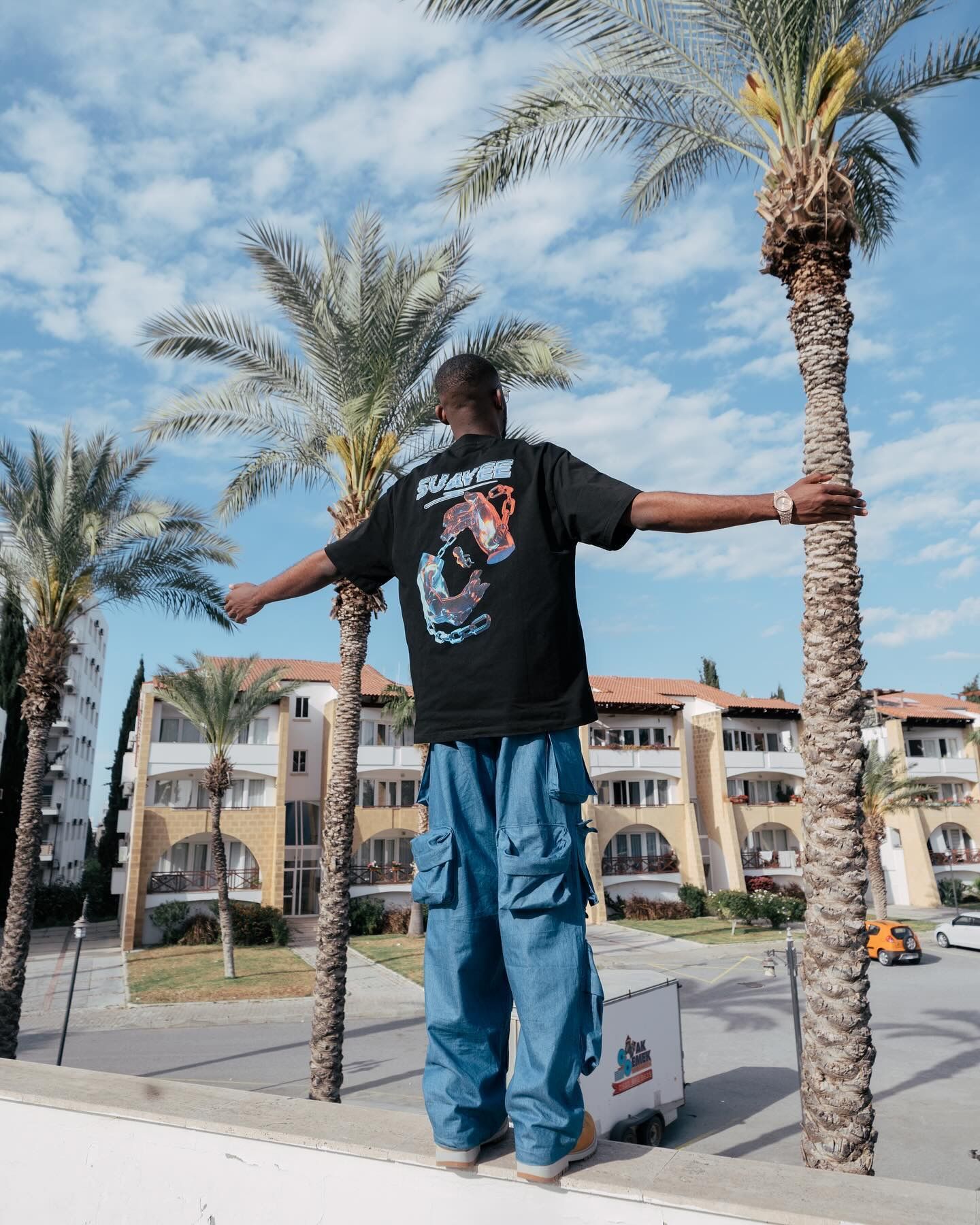 Man in black graphic tee and blue cargo pants stands arms outstretched between palm trees near a Mediterranean building.