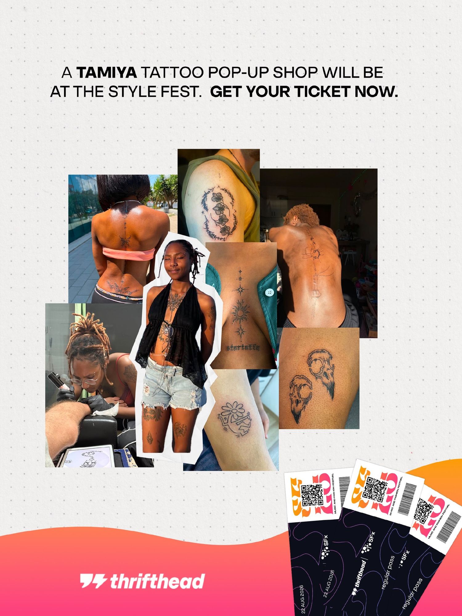 Tamiya tattoo pop-up shop advertisement for Style Fest featuring tattoo artwork collage and event tickets.