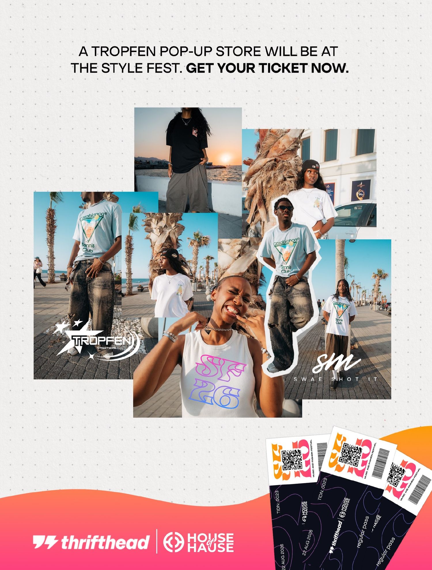 Tropfen pop-up store ad for Style Fest featuring models in graphic tees with QR code tickets and Thrifthead branding.