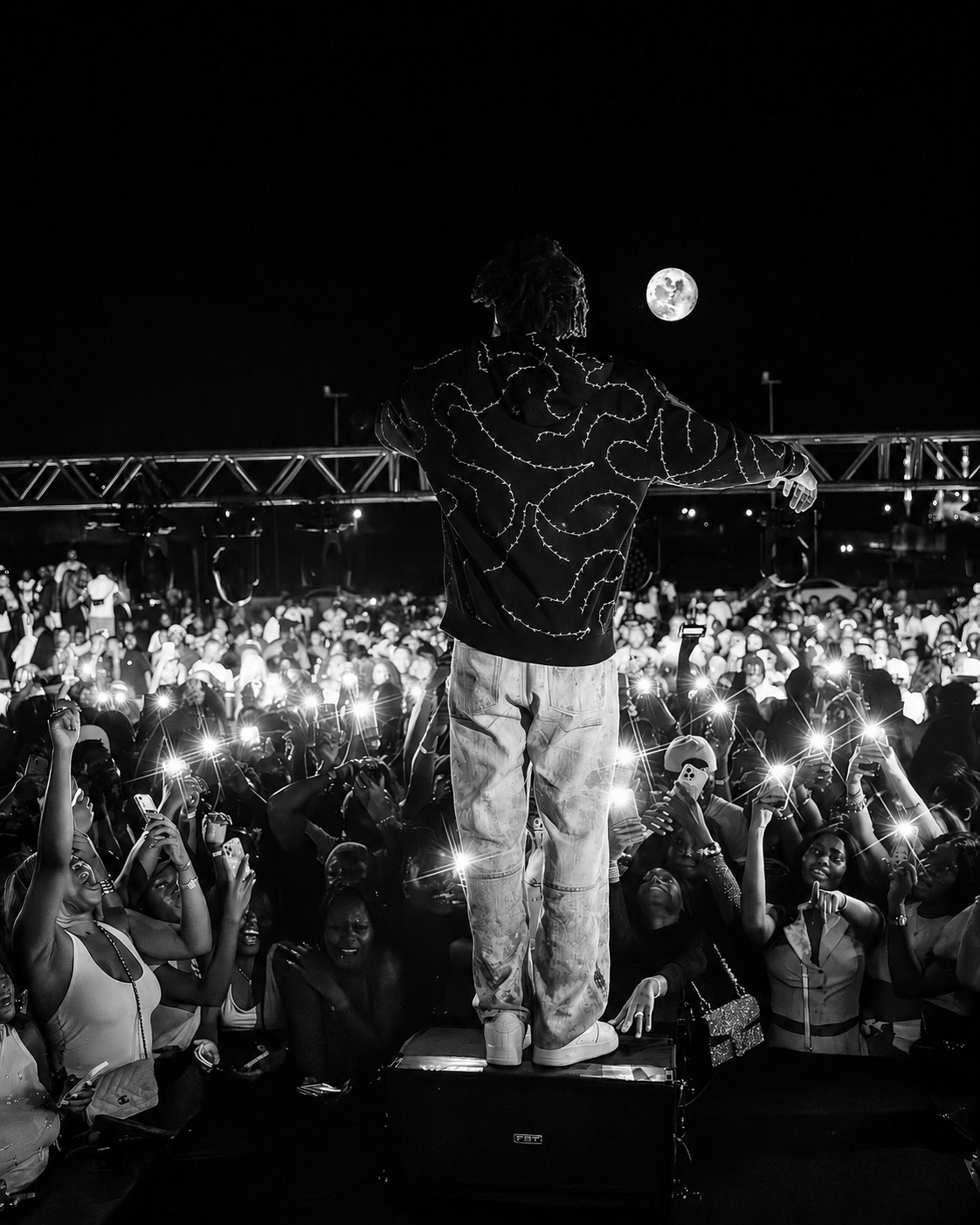 Black and white concert photo of performer on stage facing a large crowd under a full moon.