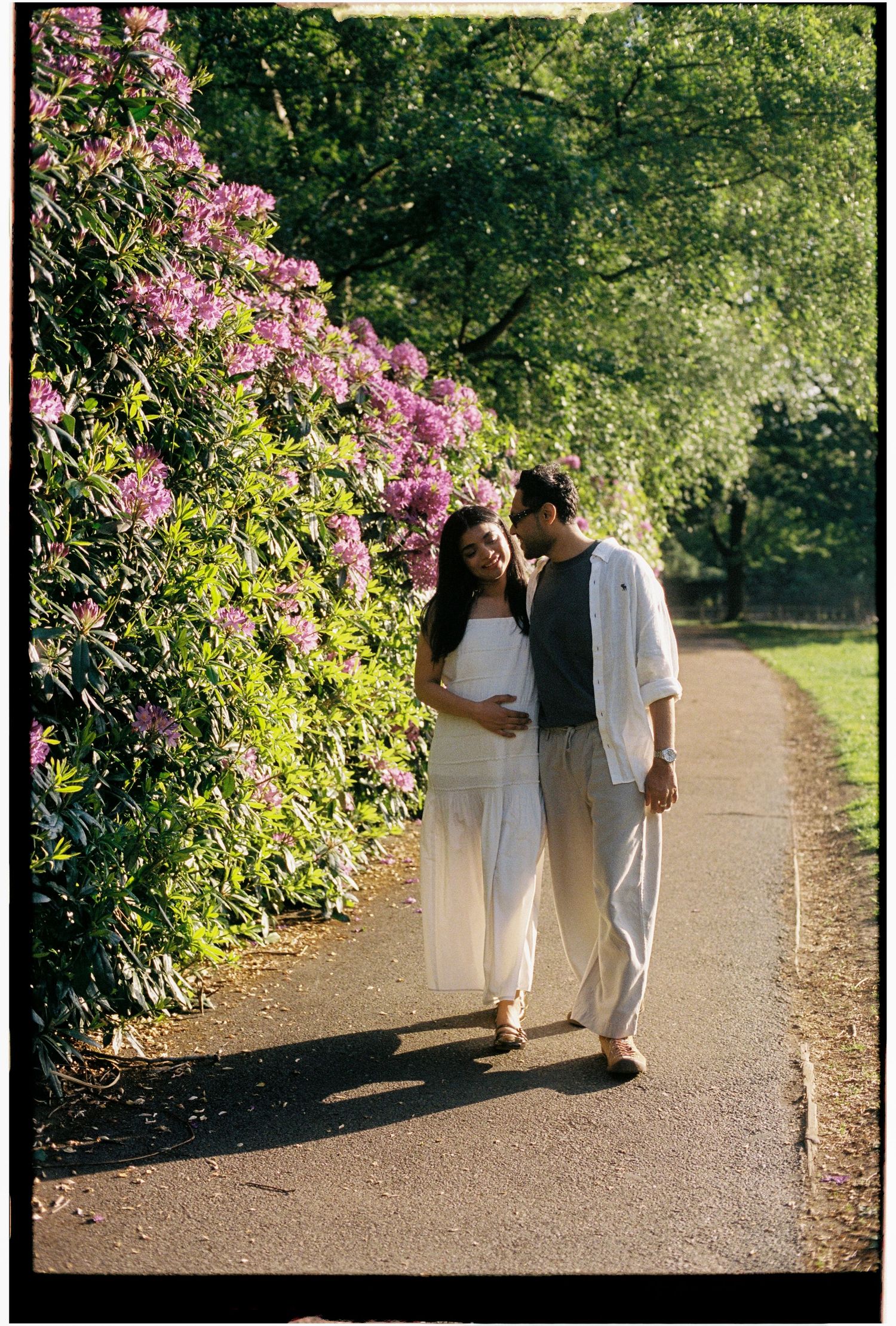 Pregnant couple walking along park path lined with pink rhododendron flowers in golden sunlight.