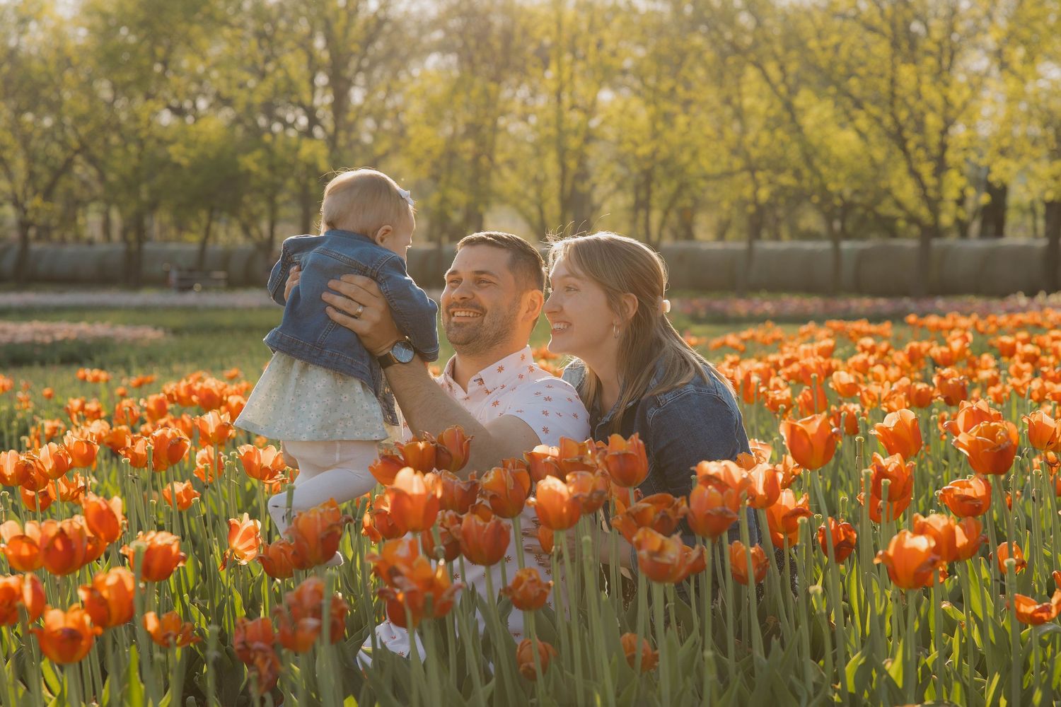 Family of three posing in tulip field