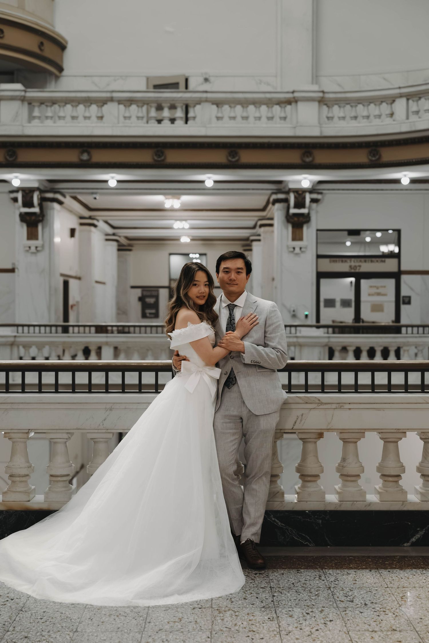 Bride and groom smiling together on their Omaha wedding day