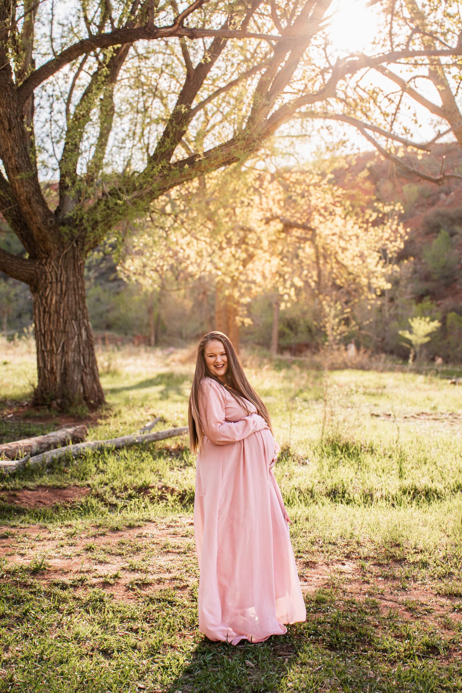 Pregnant woman in a flowing pink maternity gown stands in a sunlit grassy meadow beneath a large tree during golden hour.