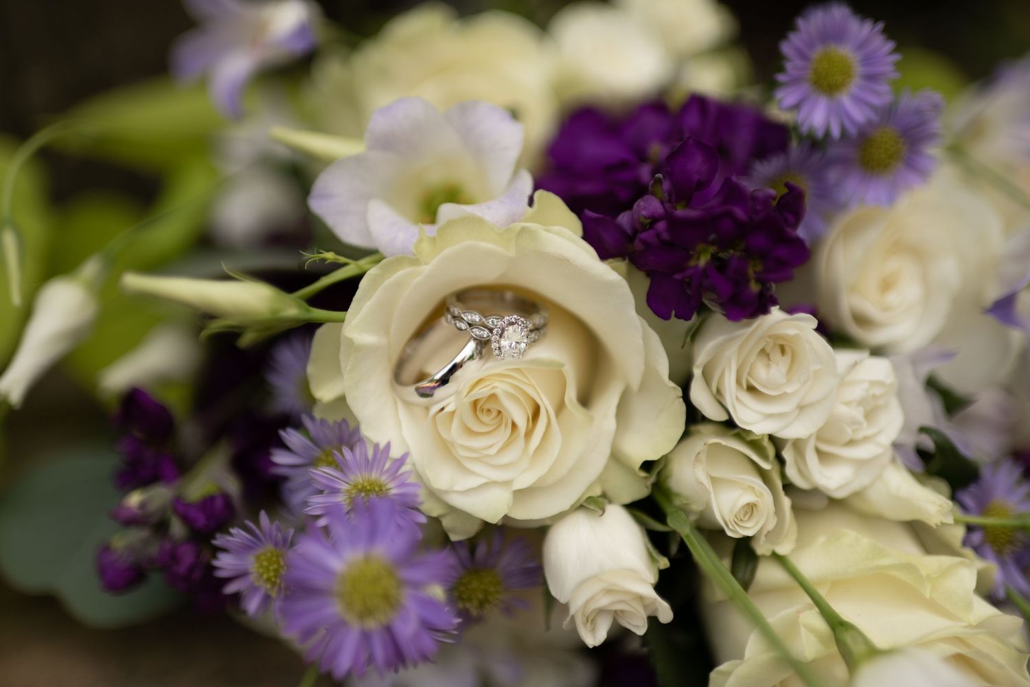 Wedding rings nestled in a white rose surrounded by purple flowers in a bridal bouquet.