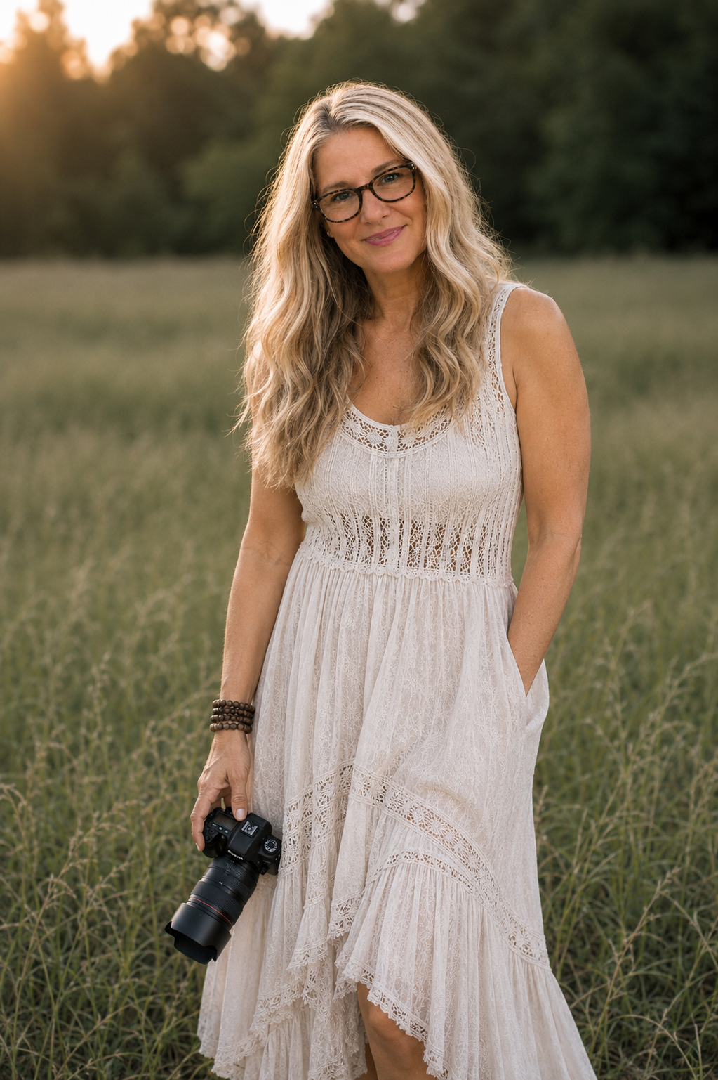 Smiling blonde woman in white lace dress holding a camera in a sunlit field.