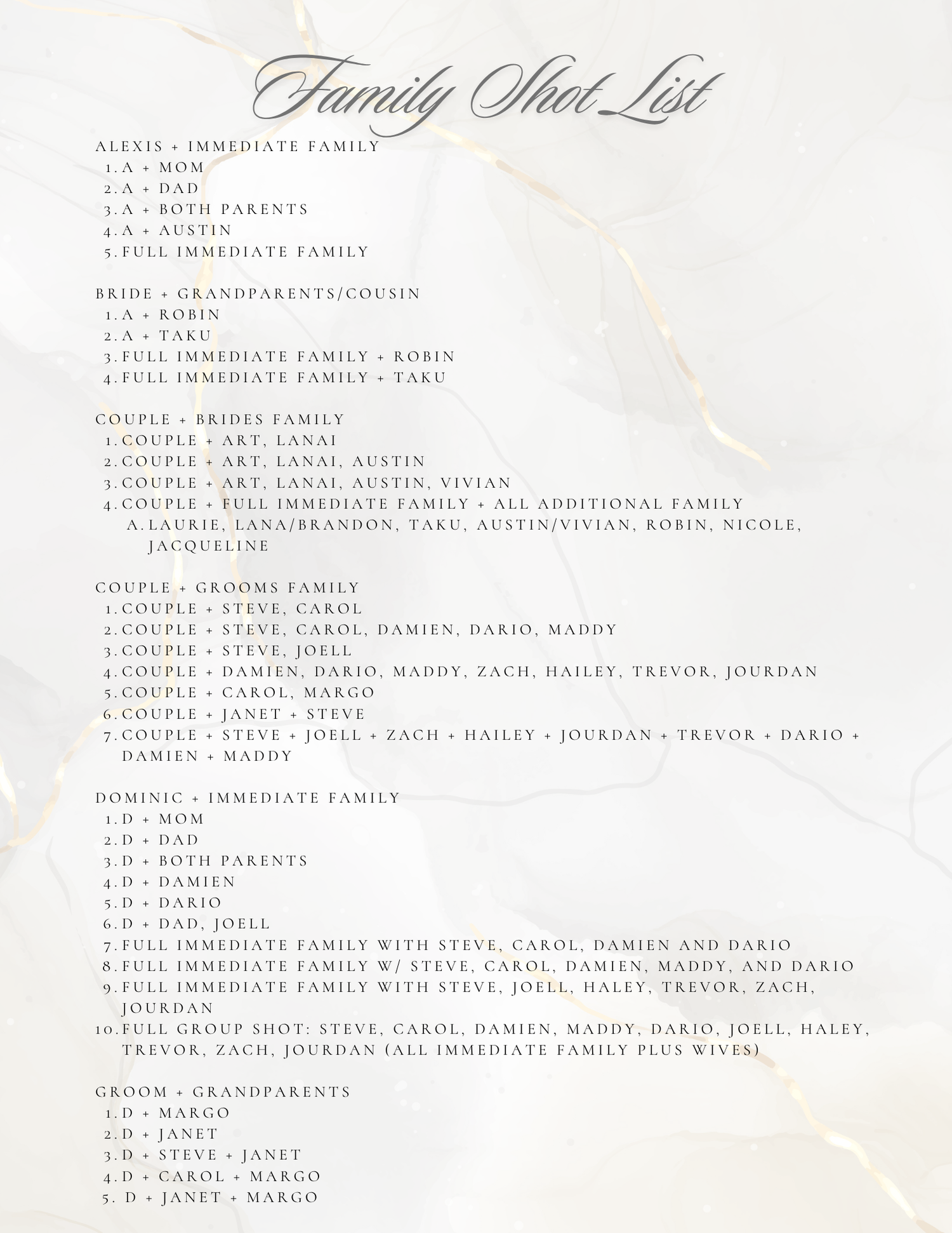 A handwritten-style family shot list on marble background detailing wedding photography groupings and combinations.