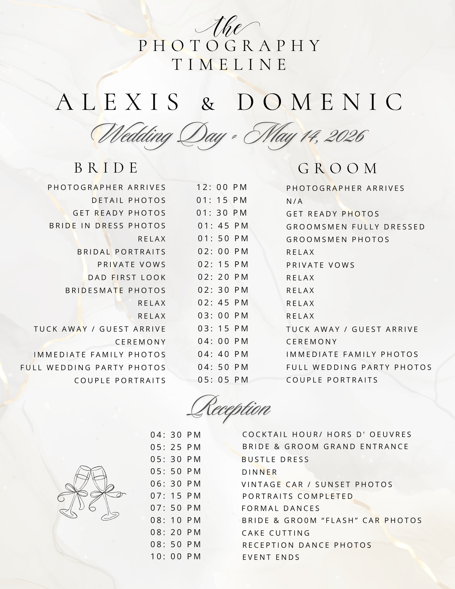 Wedding day photography timeline for Alexis and Domenic on May 14, 2026, detailing bride, groom, and reception schedules.