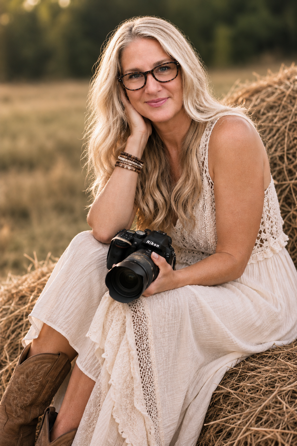 Blonde woman photographer in white dress holding Nikon camera seated on hay bale outdoors.