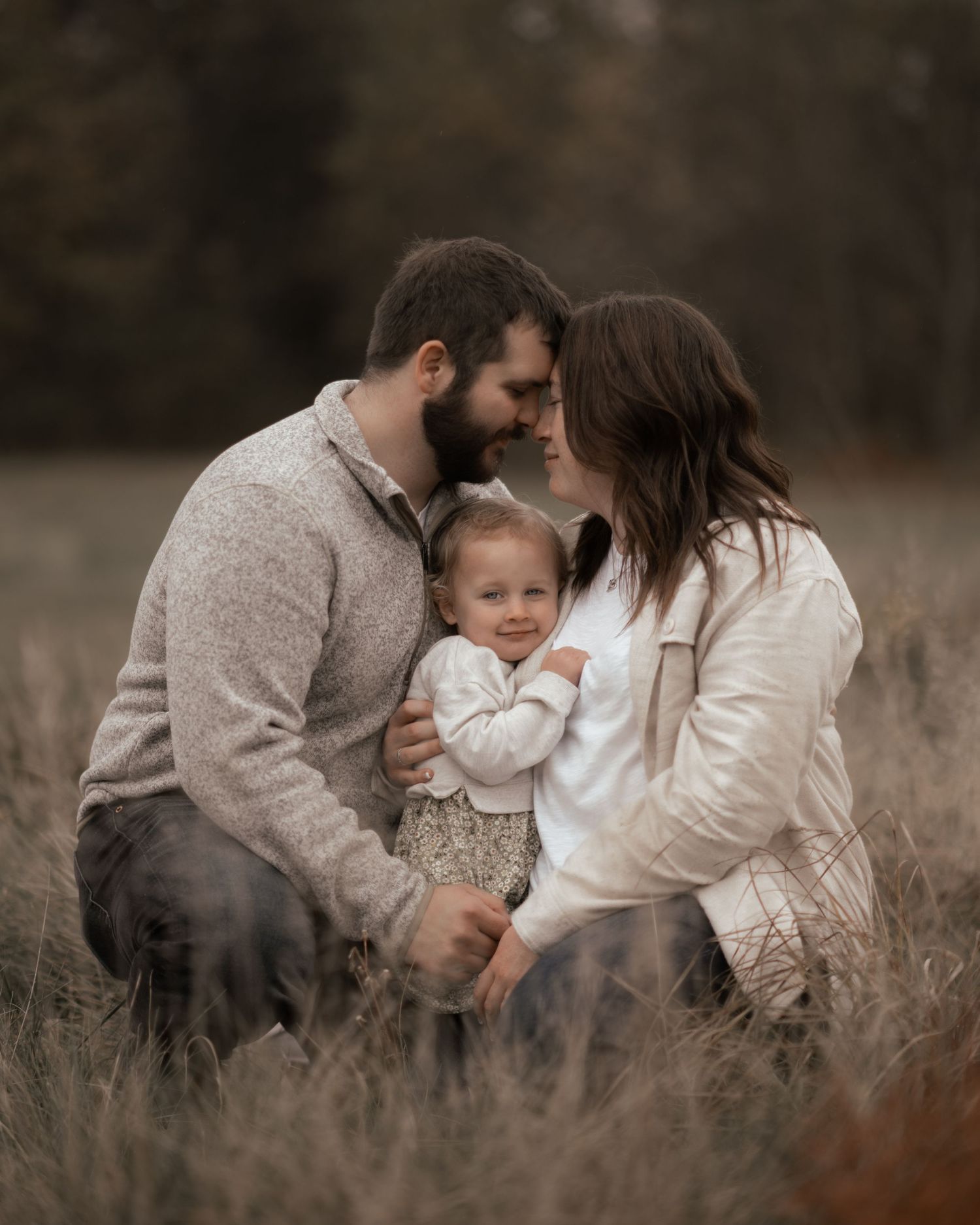 A couple shares a tender kiss over their smiling toddler in a golden field during a family portrait session.