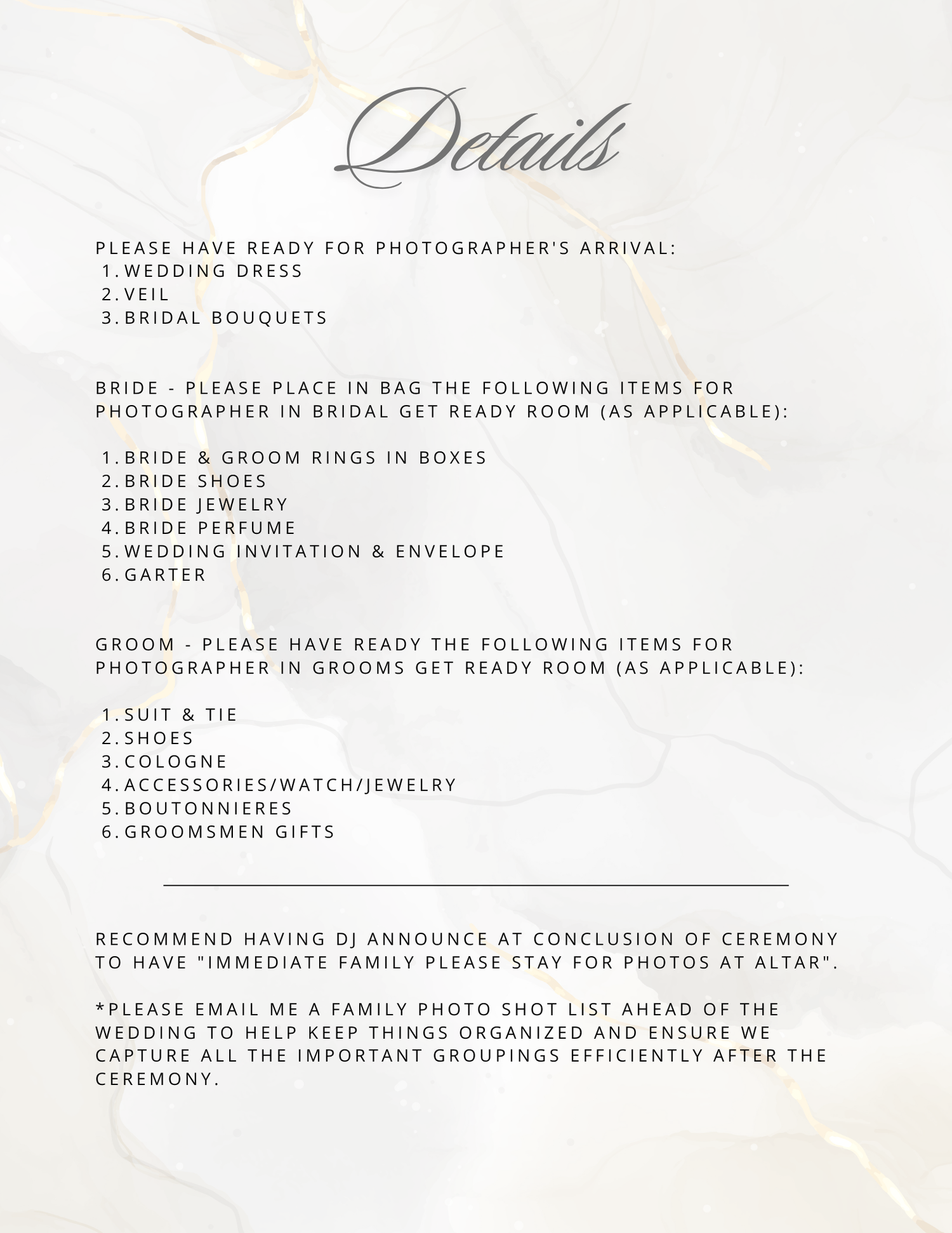 Wedding details card listing items needed for photographer, bride, and groom preparation with ceremony photo recommendations.
