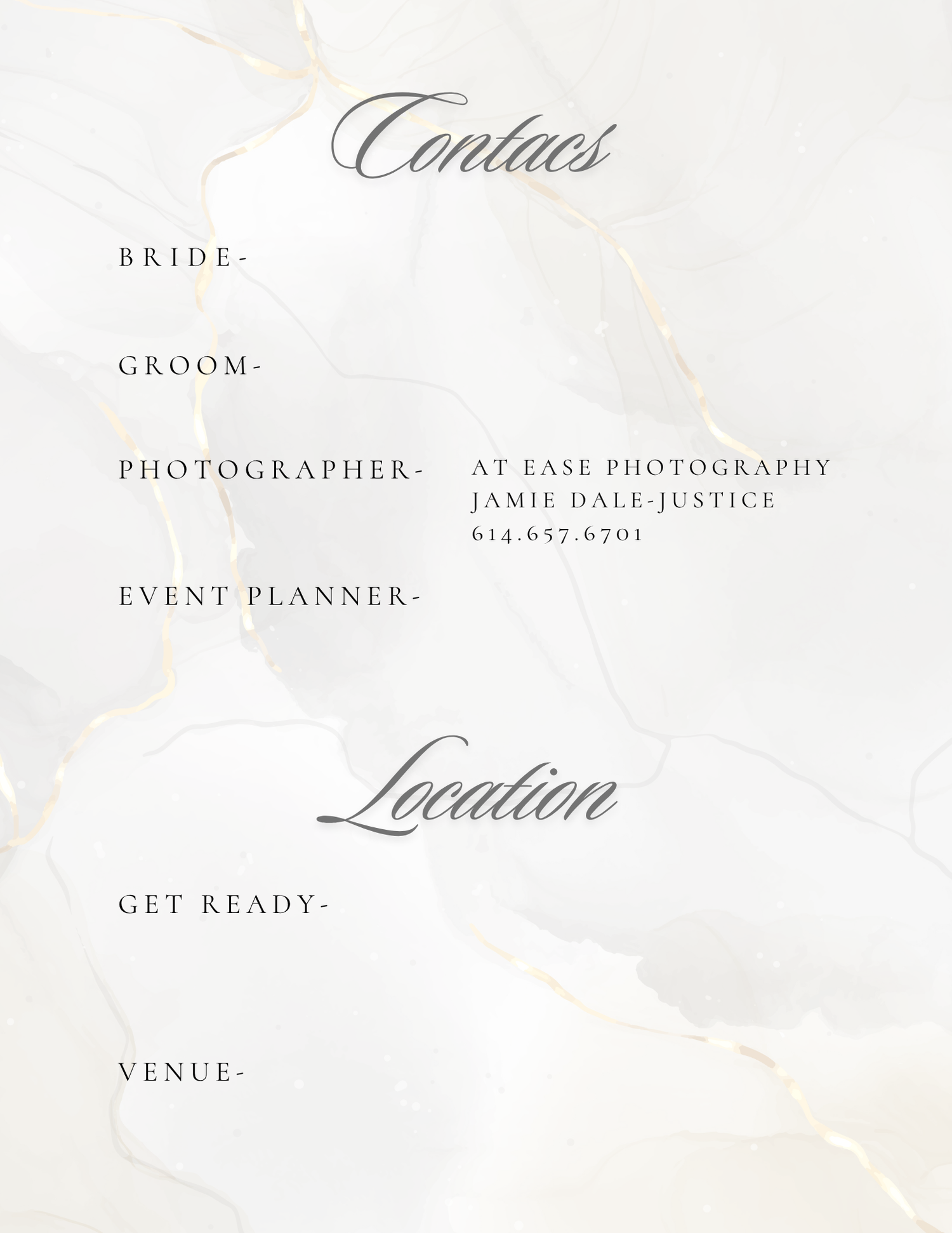 Elegant wedding contacts and location card with marble background, listing photographer At Ease Photography, Jamie Dale-Justice.