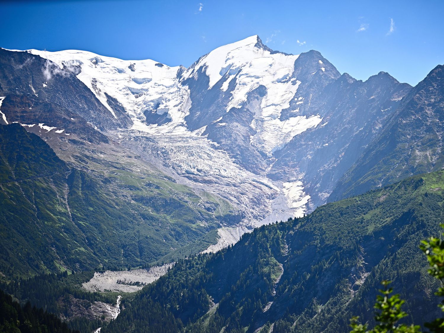 Snow-capped Mont Blanc glacier towering over a lush green valley in the French Alps on a clear sunny day.
