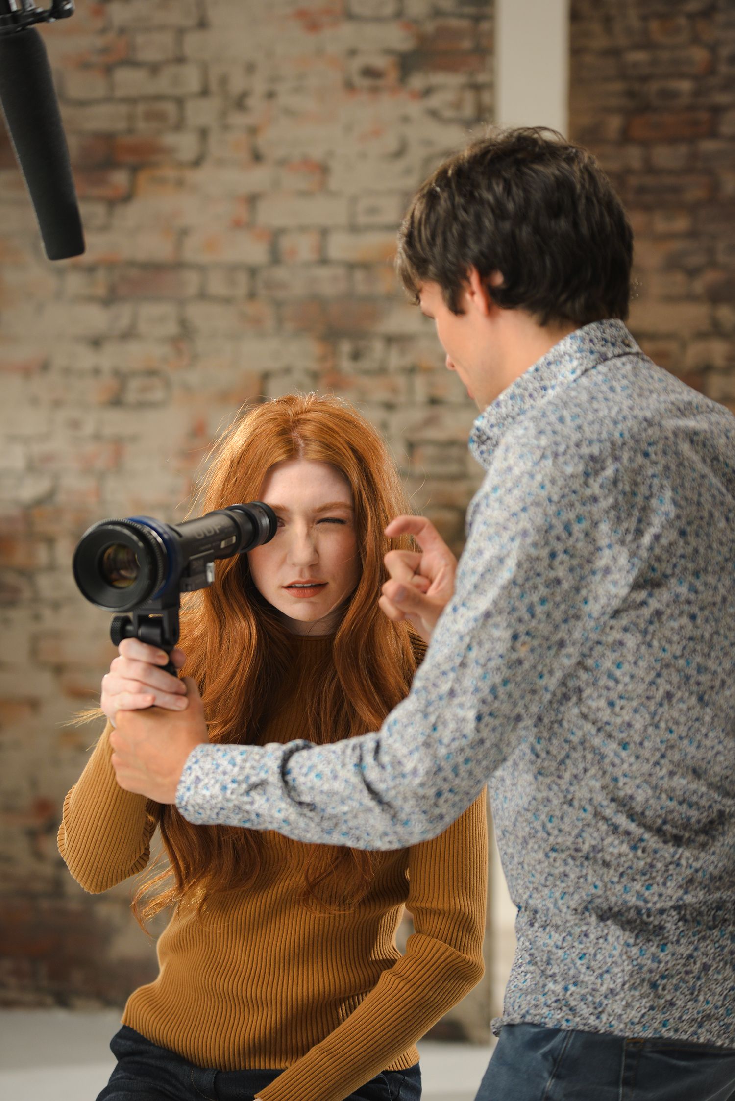 BTS still of Girls Aloud singer Nicola Roberts on set with director Phil Hawkins for a commercial campaign for Kellogs Special K