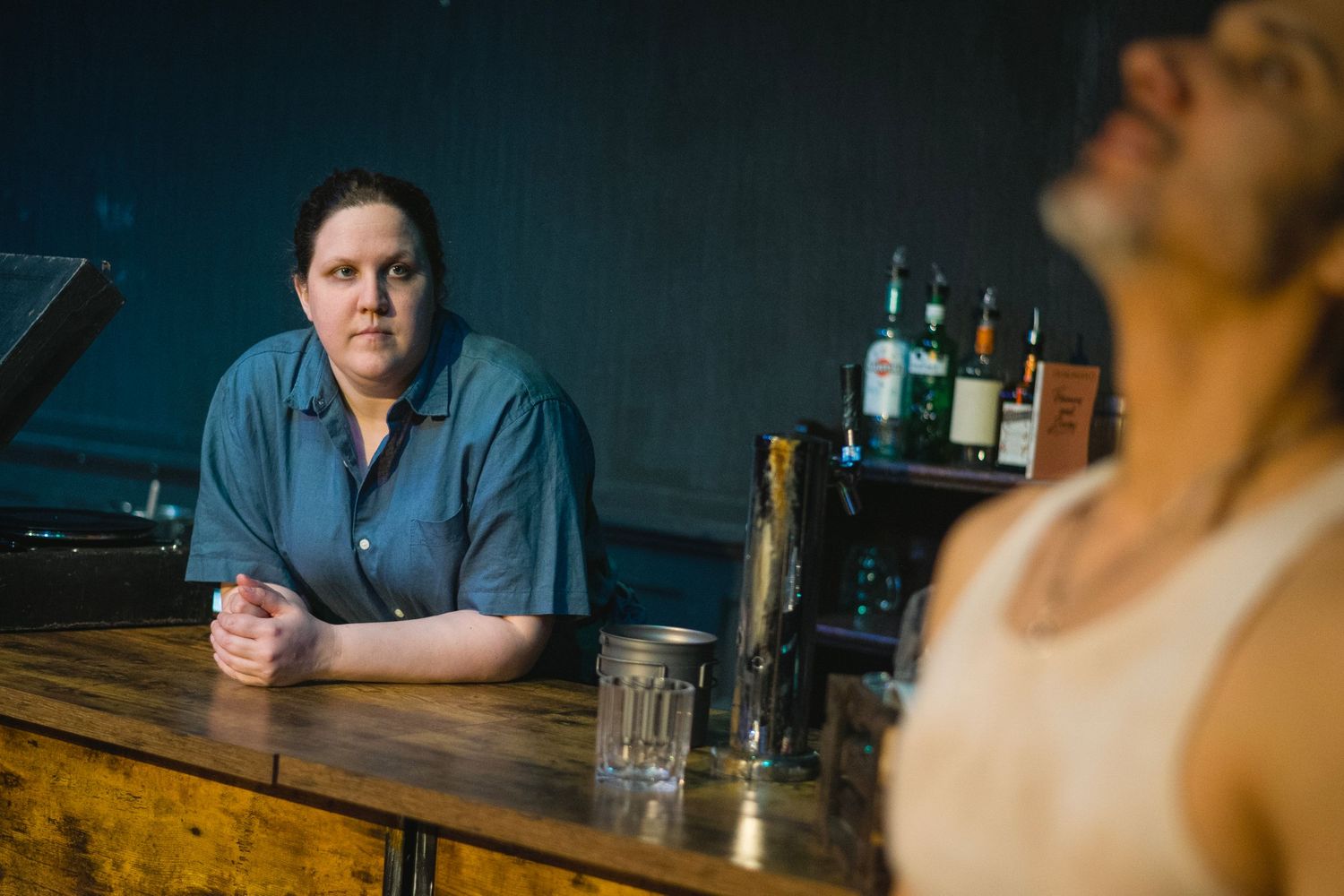 Production still The Seahorse by Edward J Moore, Golden Goose theatre London.  Starring Jay Rincon, Rachel Bellis, directed by Mandi Riggi.