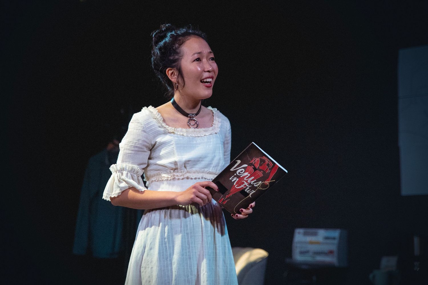 Production still from Venus in Fur by David Ives, starring Jennifer Leong & Flinn Andreae at Camden Peoeples Theatre London