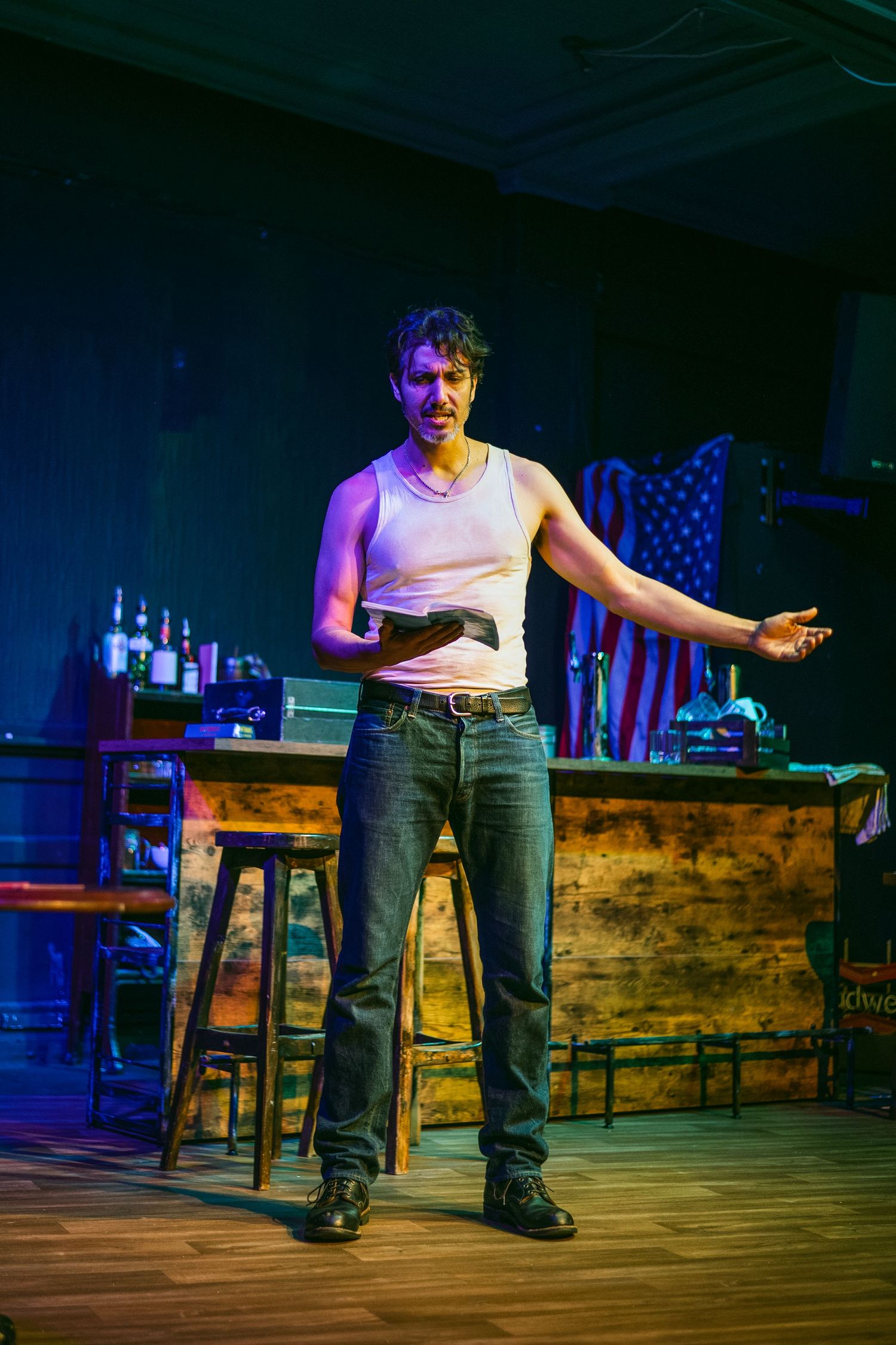 Production still The Seahorse by Edward J Moore, Golden Goose theatre London.  Starring Jay Rincon, Rachel Bellis, directed by Mandi Riggi.