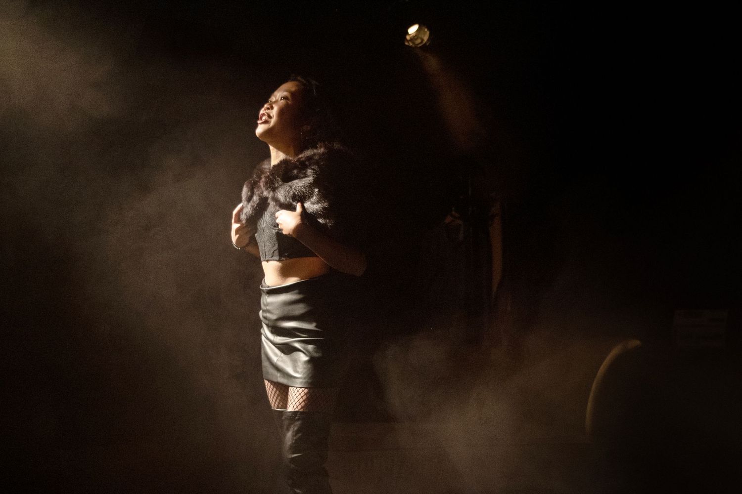 Production still from Venus in Fur by David Ives, starring Jennifer Leong & Flinn Andreae at Camden Peoeples Theatre London