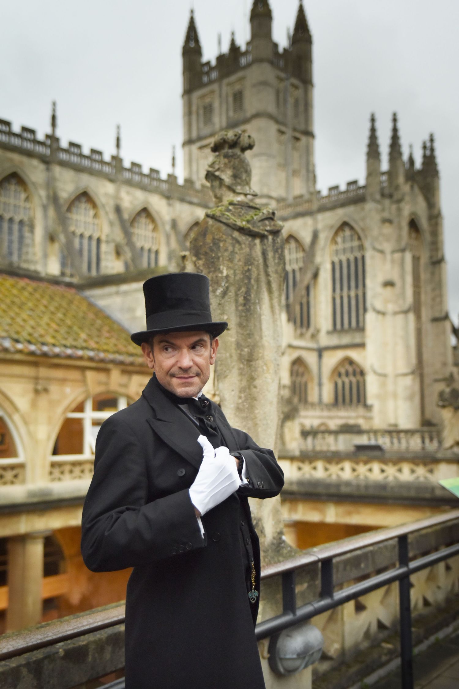 Publicity photo of Torchlight Mysteries actor for Torchlight Heritage, taken at the Roman baths