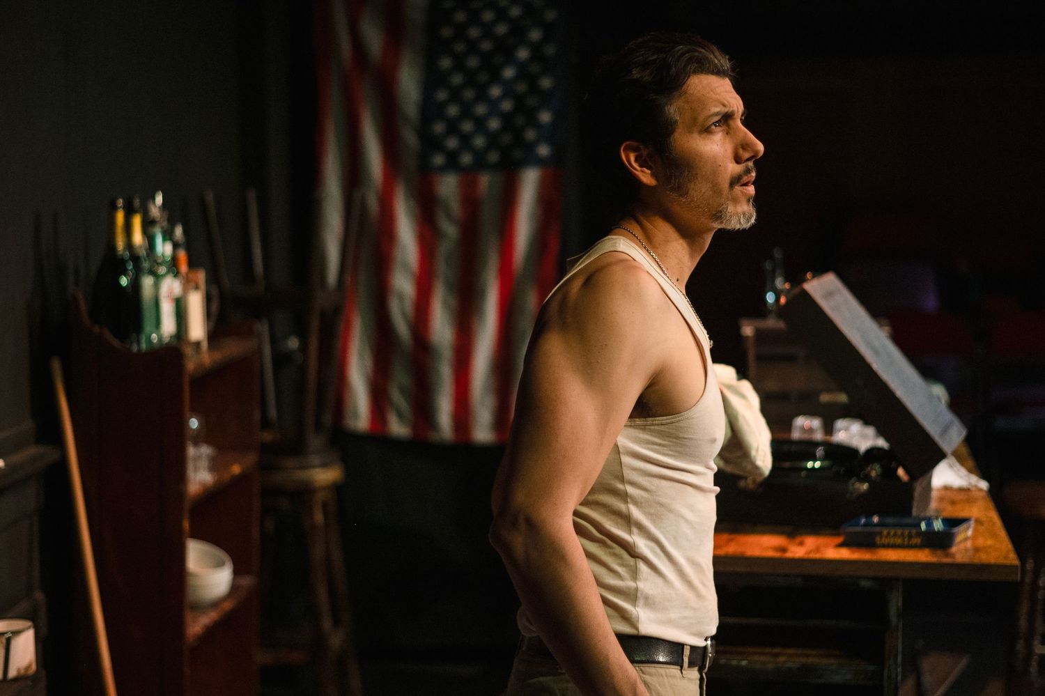 Production still The Seahorse by Edward J Moore, Golden Goose theatre London.  Starring Jay Rincon, Rachel Bellis, directed by Mandi Riggi.