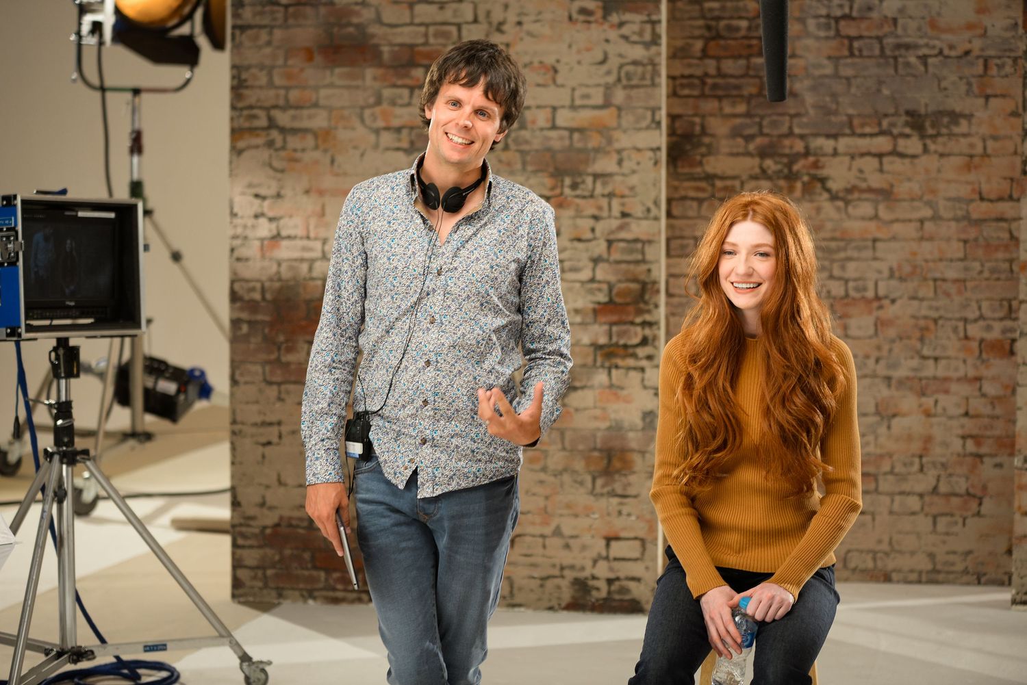 BTS still of Girls Aloud singer Nicola Roberts on set with director Phil Hawkins for a commercial campaign for Kellogs Special K