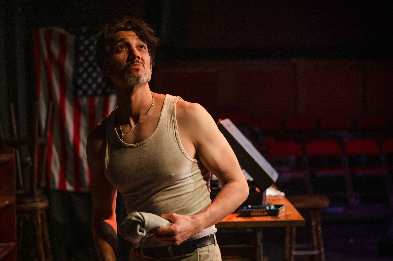 Production still The Seahorse by Edward J Moore, Golden Goose theatre London.  Starring Jay Rincon, Rachel Bellis, directed by Mandi Riggi.
