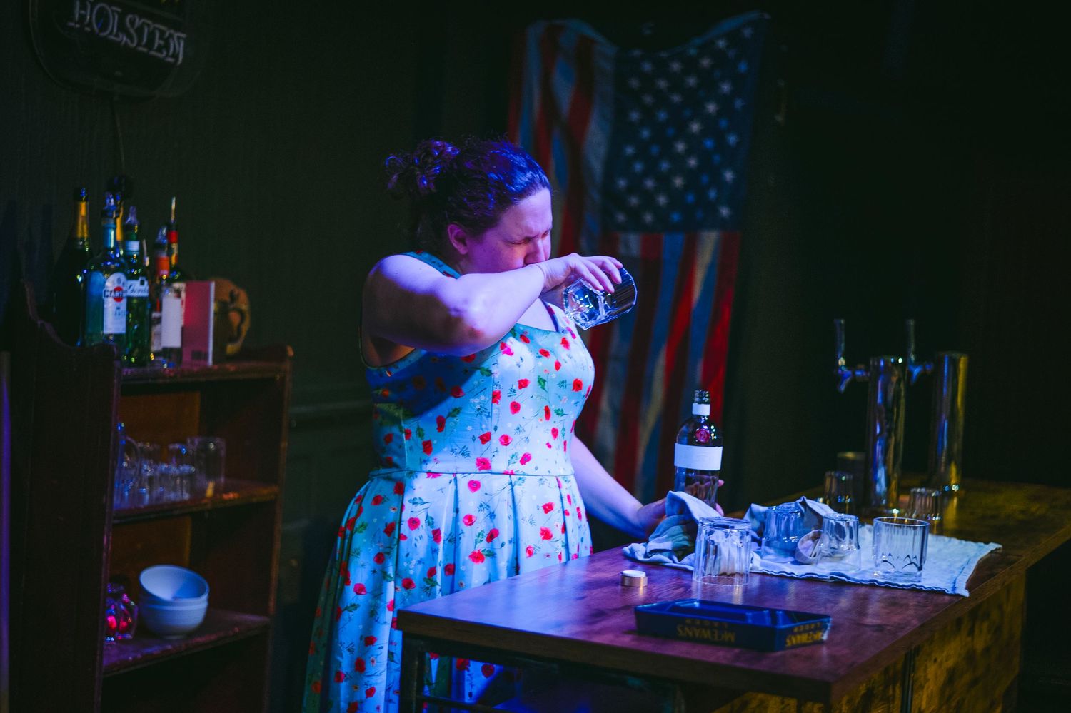 Production still The Seahorse by Edward J Moore, Golden Goose theatre London.  Starring Jay Rincon, Rachel Bellis, directed by Mandi Riggi.
