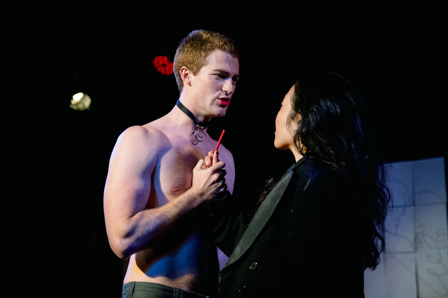 Production still from Venus in Fur by David Ives, starring Jennifer Leong & Flinn Andreae at Camden Peoeples Theatre London