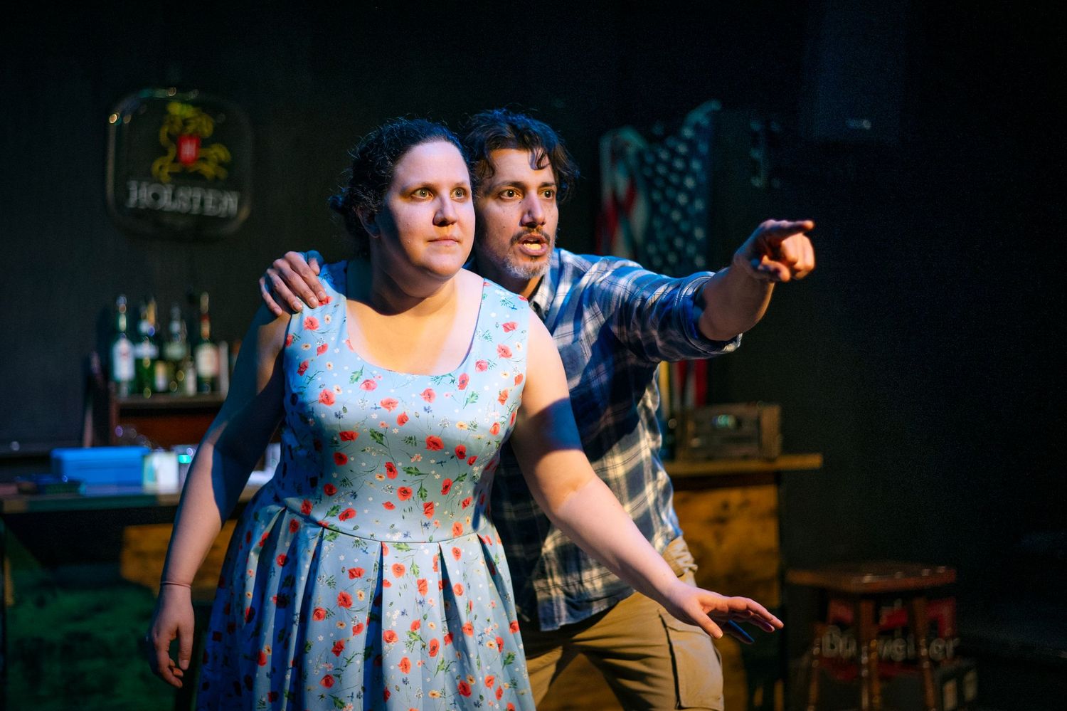 Production still The Seahorse by Edward J Moore, Golden Goose theatre London.  Starring Jay Rincon, Rachel Bellis, directed by Mandi Riggi.