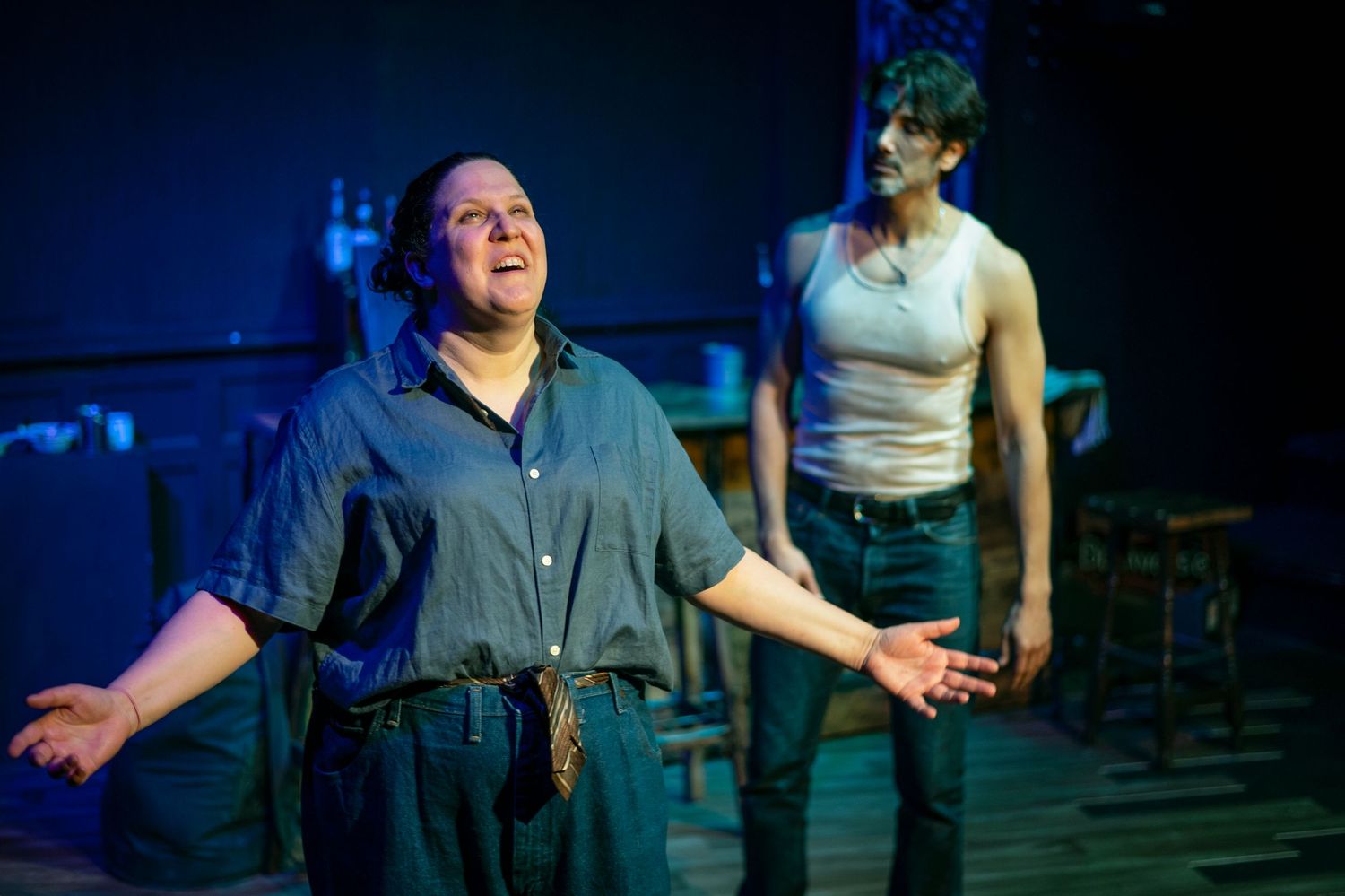 Production still The Seahorse by Edward J Moore, Golden Goose theatre London.  Starring Jay Rincon, Rachel Bellis, directed by Mandi Riggi.